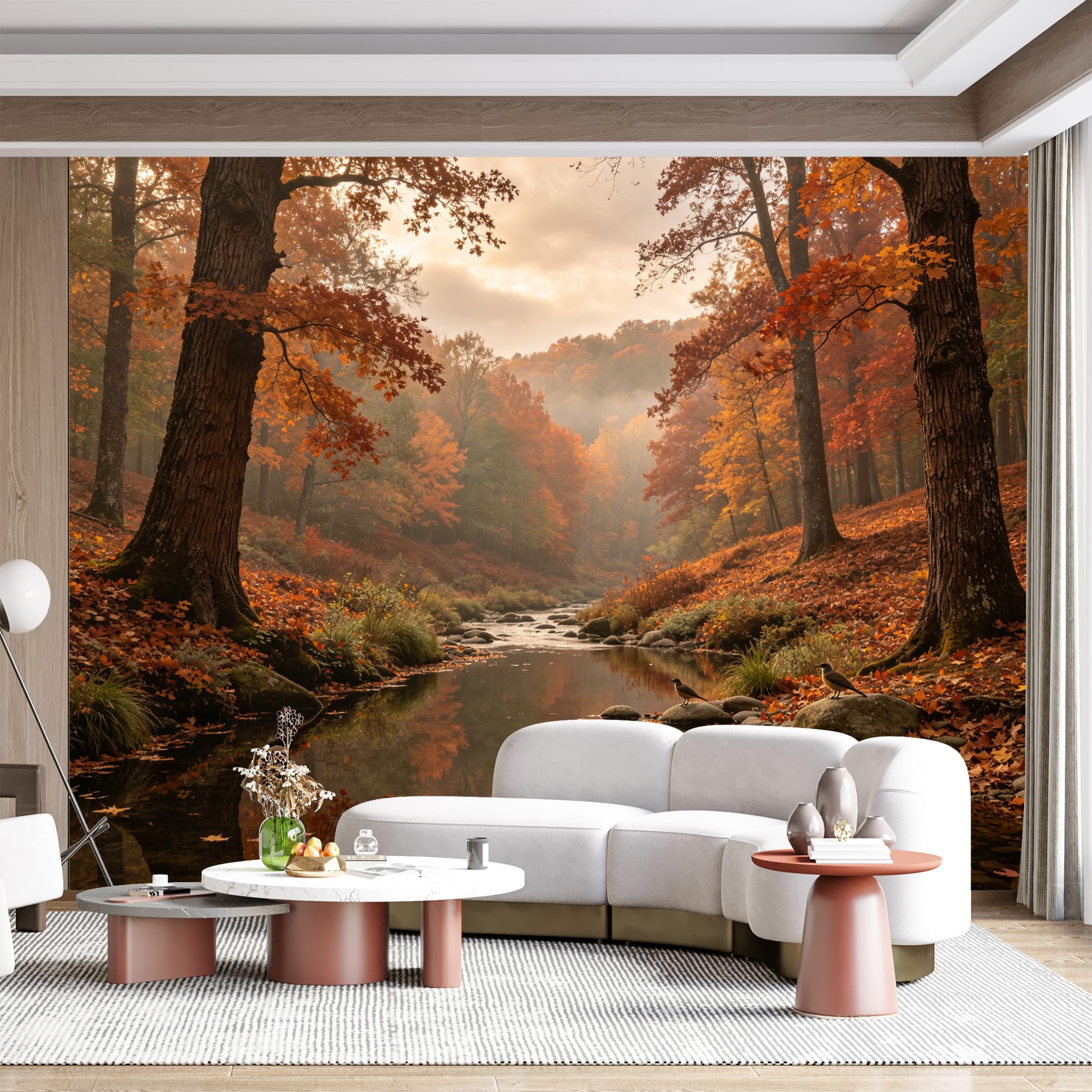 Custom Size Wall Mural Autumn Forest Stream Misty Landscape Seascape Watercolor Effect SelfAdhesive Wall Fabric Removable for Home Office Decor