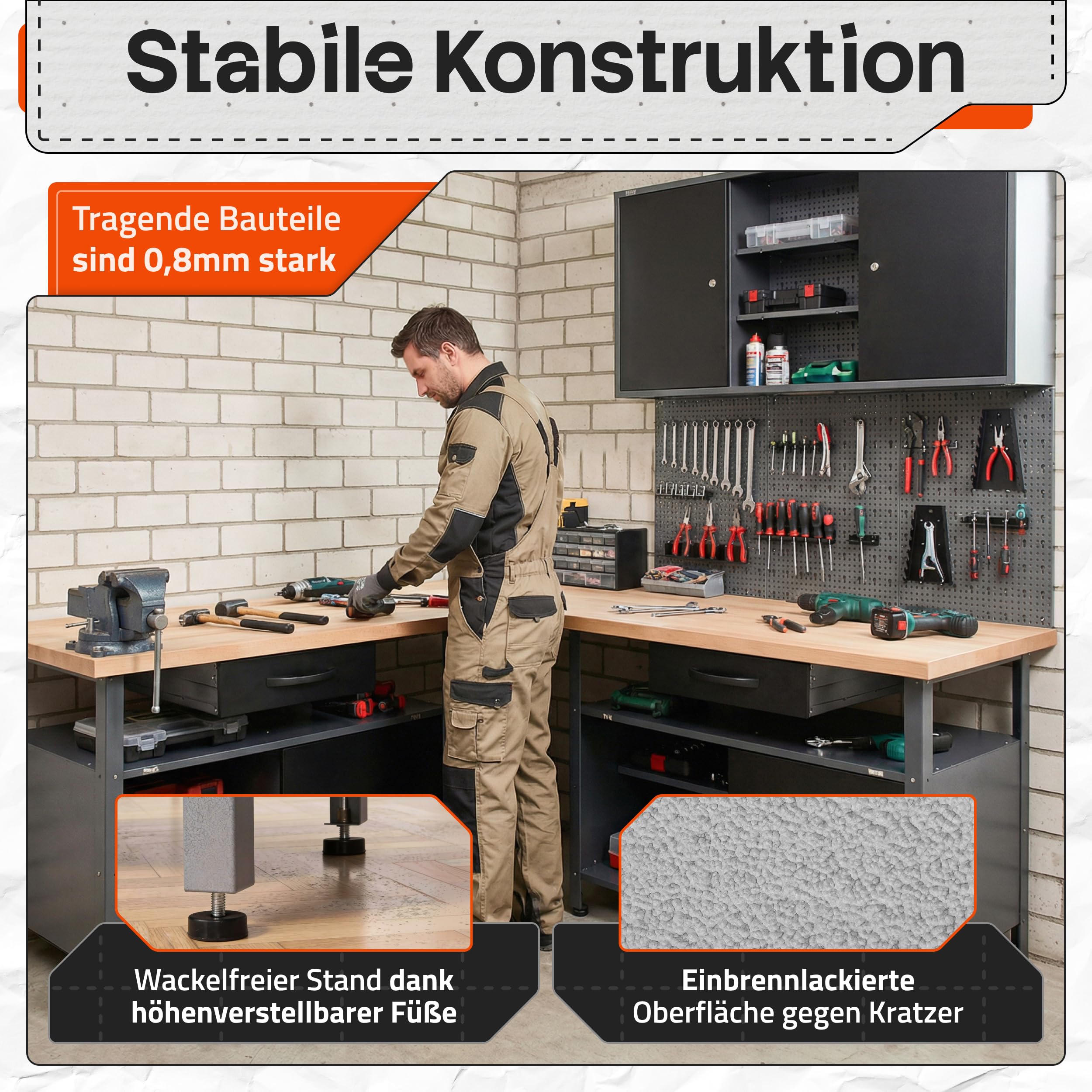 Ondis24 Werkstatt Set Ecklösung Classic One, Werkbank, 120 + 60 cm Buchenholzarbeitsplatte, Werkzeugschrank, Werkzeugwand Lochwand, Haken Set, Metall (Arbeitshöhe 85cm, schwarz)