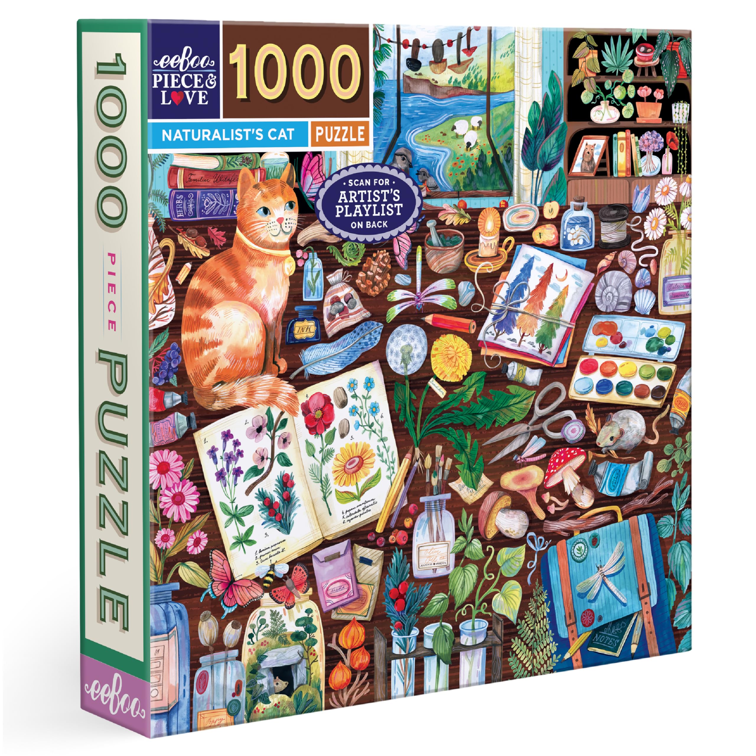 eeBoo Piece & Love: Naturalist’s Cat - 1000 Piece Puzzle – 23" Square Adult Jigsaw, Detailed Animal Worktable Scene, Glossy & Dustless, Eco-Friendly