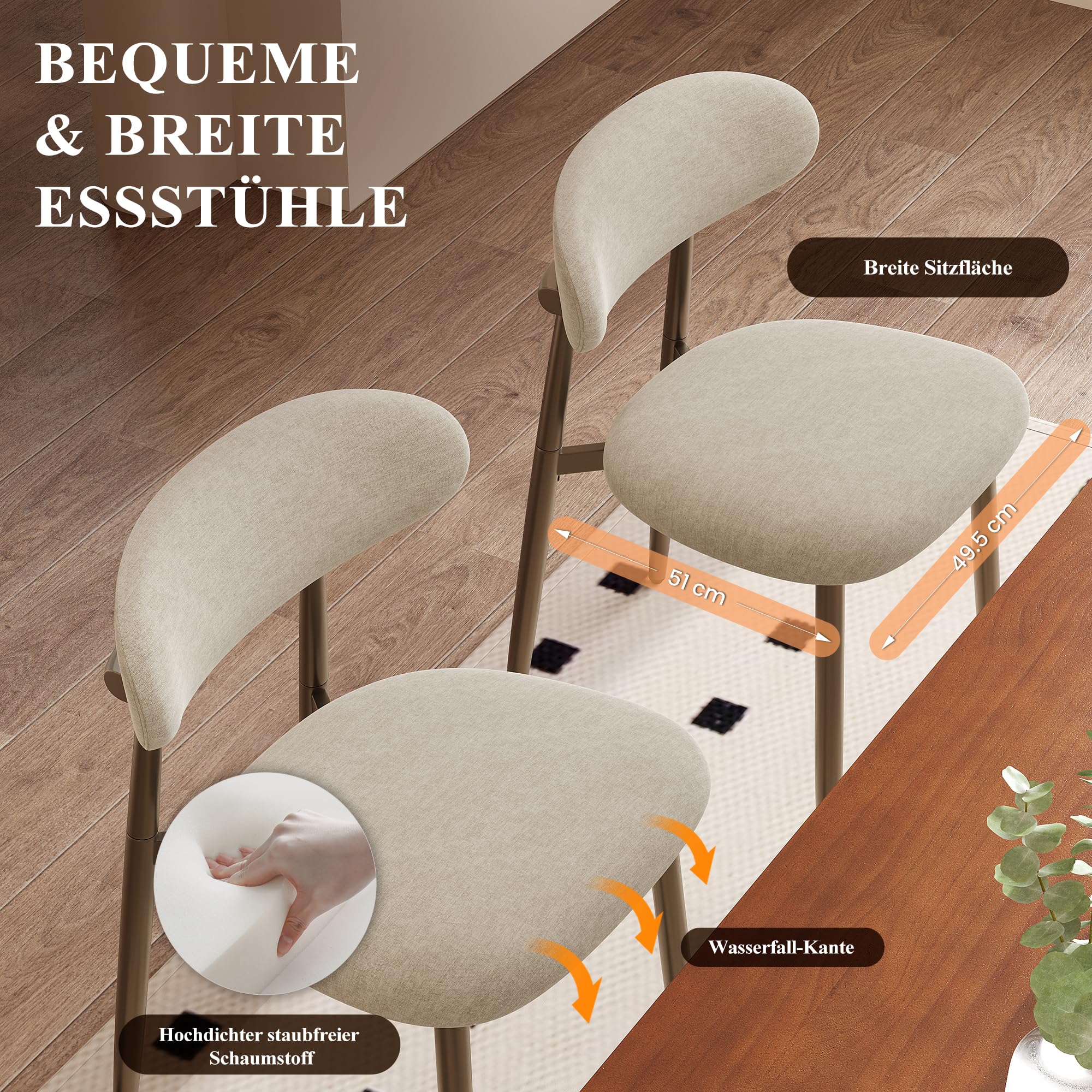 MALOL Esszimmerstühle 4er Set, Gepolsterte Stühle Esszimmer, Küchenstühle, Esstisch Stühle mit geschwungener Rückenlehne & Metallfüßen, moderne Stoffstühle für Küche, Wohnzimmer und Gastronomie, Kamel