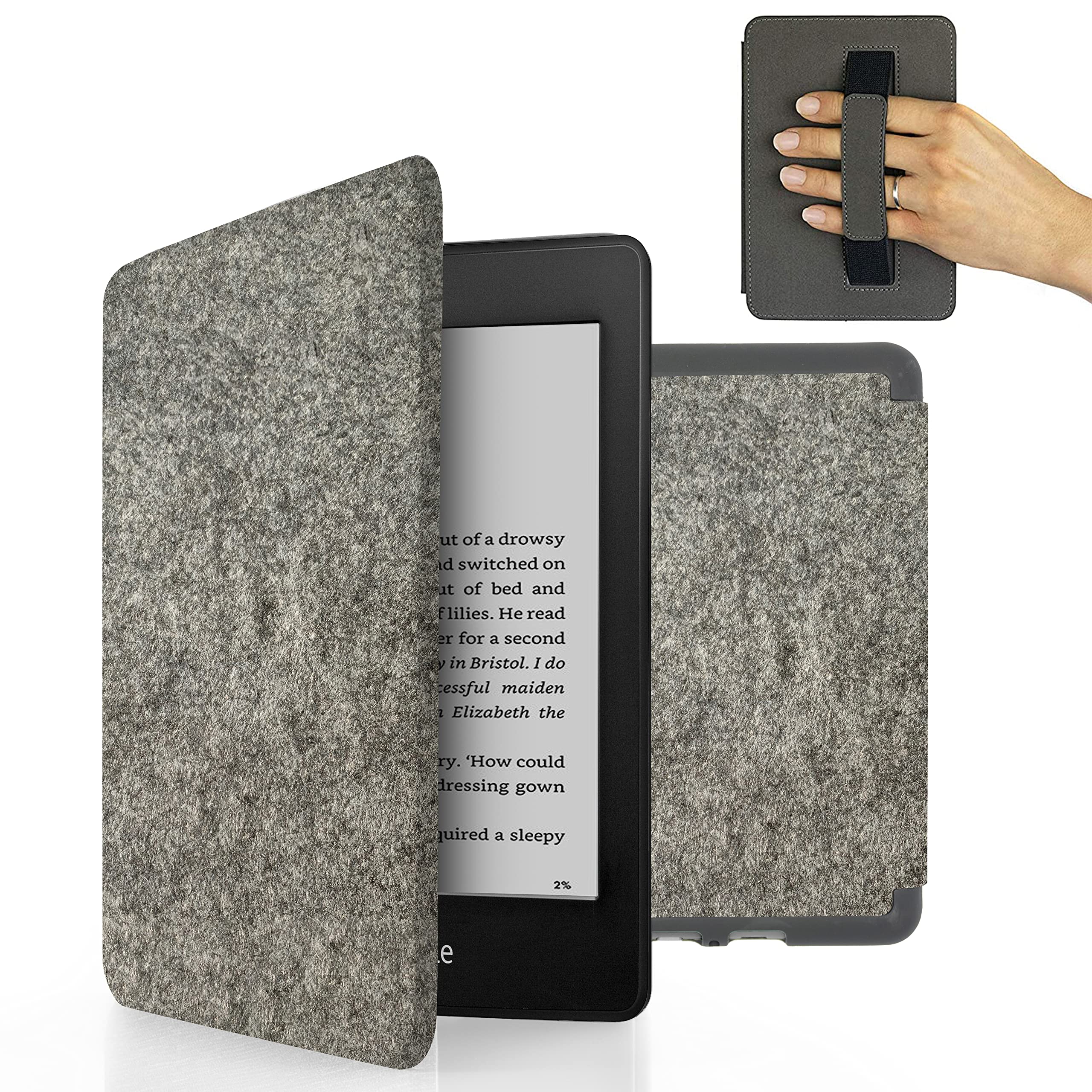 MyGadget Filcowe etui do Amazon Kindle Paperwhite 10. generacji (model 2018 - PQ94WIF - 6 cali) z paskiem na rękę i funkcją automatycznego uśpienia / budzenia - Flip Case w kolorze jasnoszarym