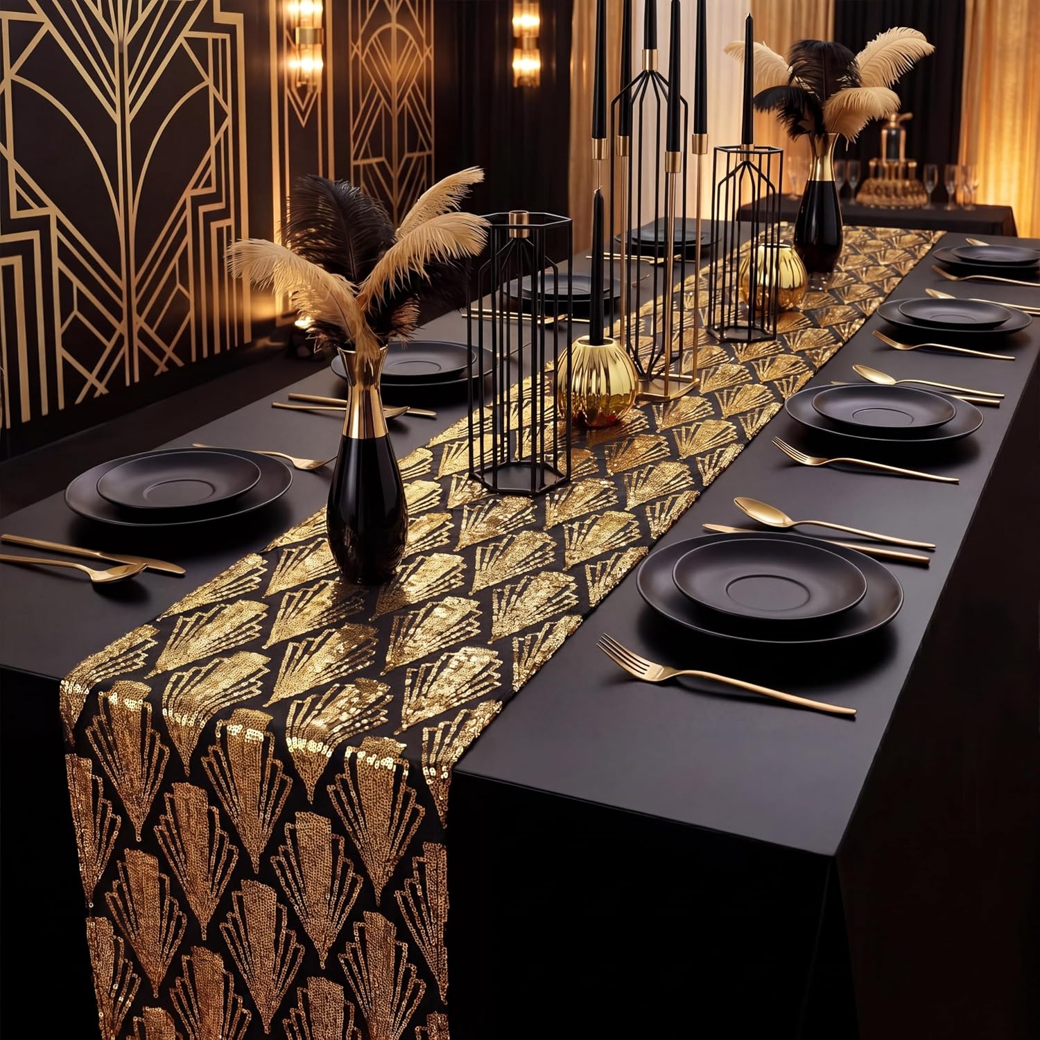 Peryiter 6 Pcs Black and Gold Table Runner 1920s Party Decorations Roaring 1920's Table Runners 12 x 108 in Great Sequin Reusable Tablestrip for Graduation Speakeasy Party Decorations(Elegant)