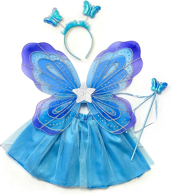About Time Co Girls Fairy Princess Tutu Skirt with Butterfly Wings, Wand, Headband Costume Set
