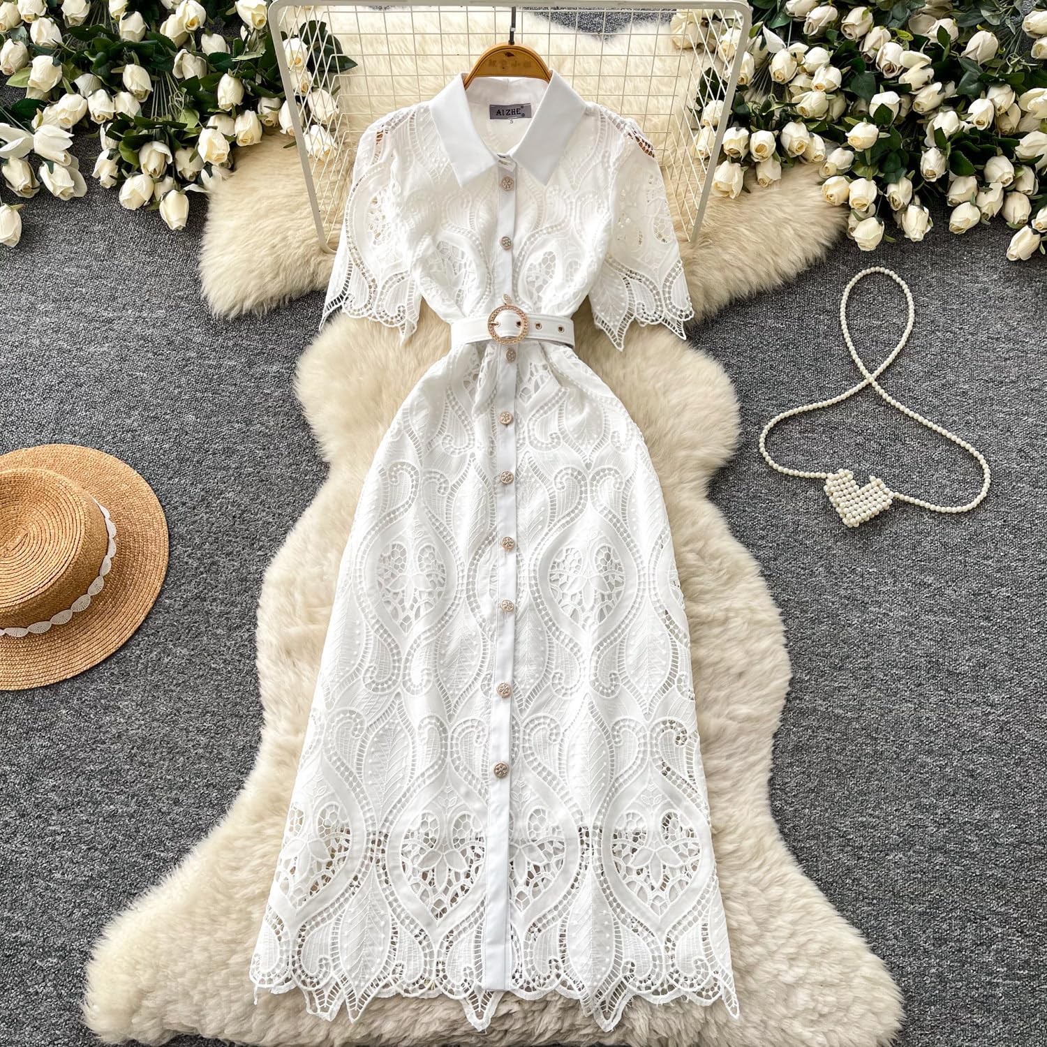 Generisch Damen Sommerkleid Mit Ausgehöhlter Spitze Revers Knopf Figurbetont Für Business Arbeit Hochzeit Gast Cocktailparty Midikleider Mit Gürtel