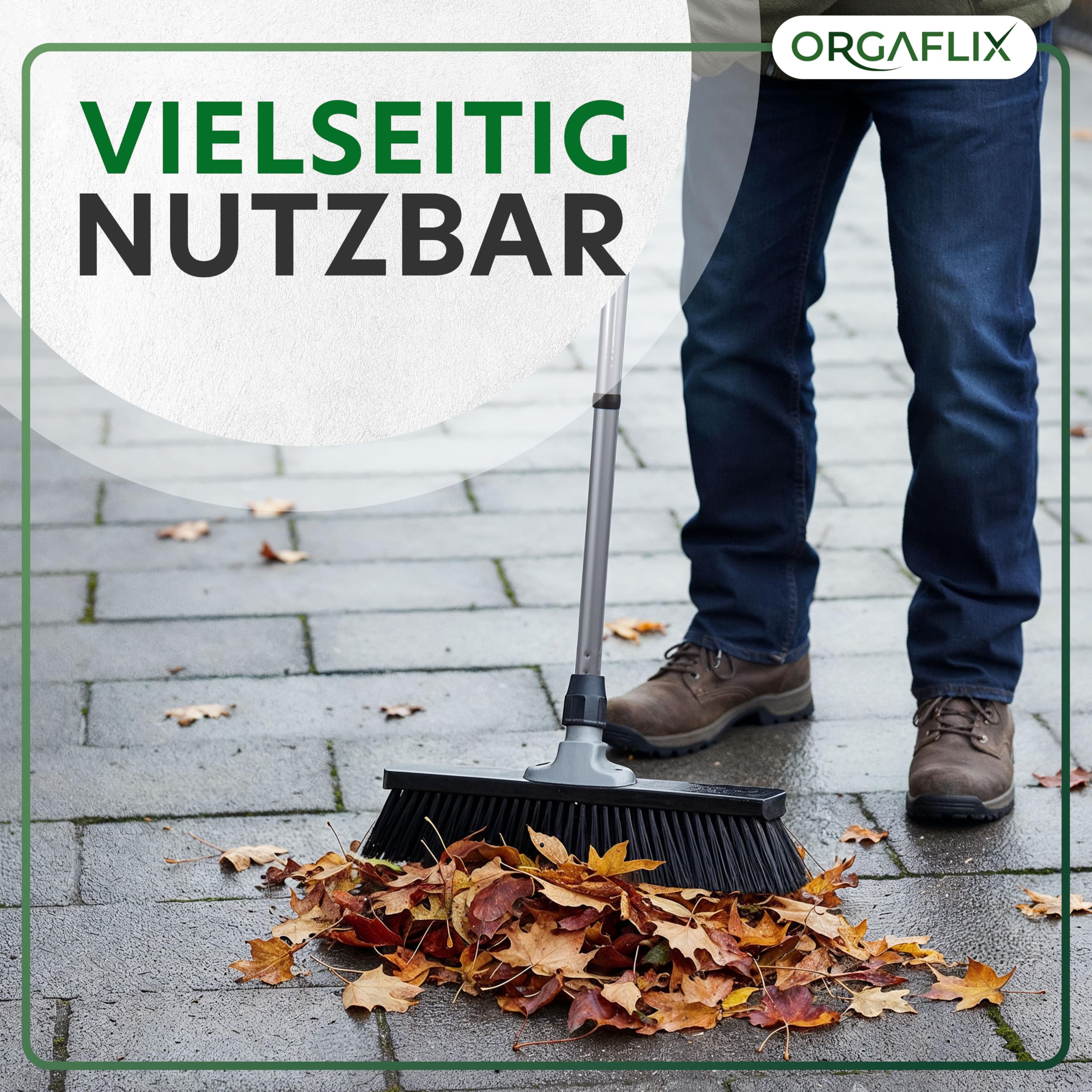 ORGAFLIX Scopa stradale con manico 40 cm, scopa da cortile e terrazza con setole dense in elaston, manico regolabile 60-130 cm, robusta e durevole, made in Germany & Italy