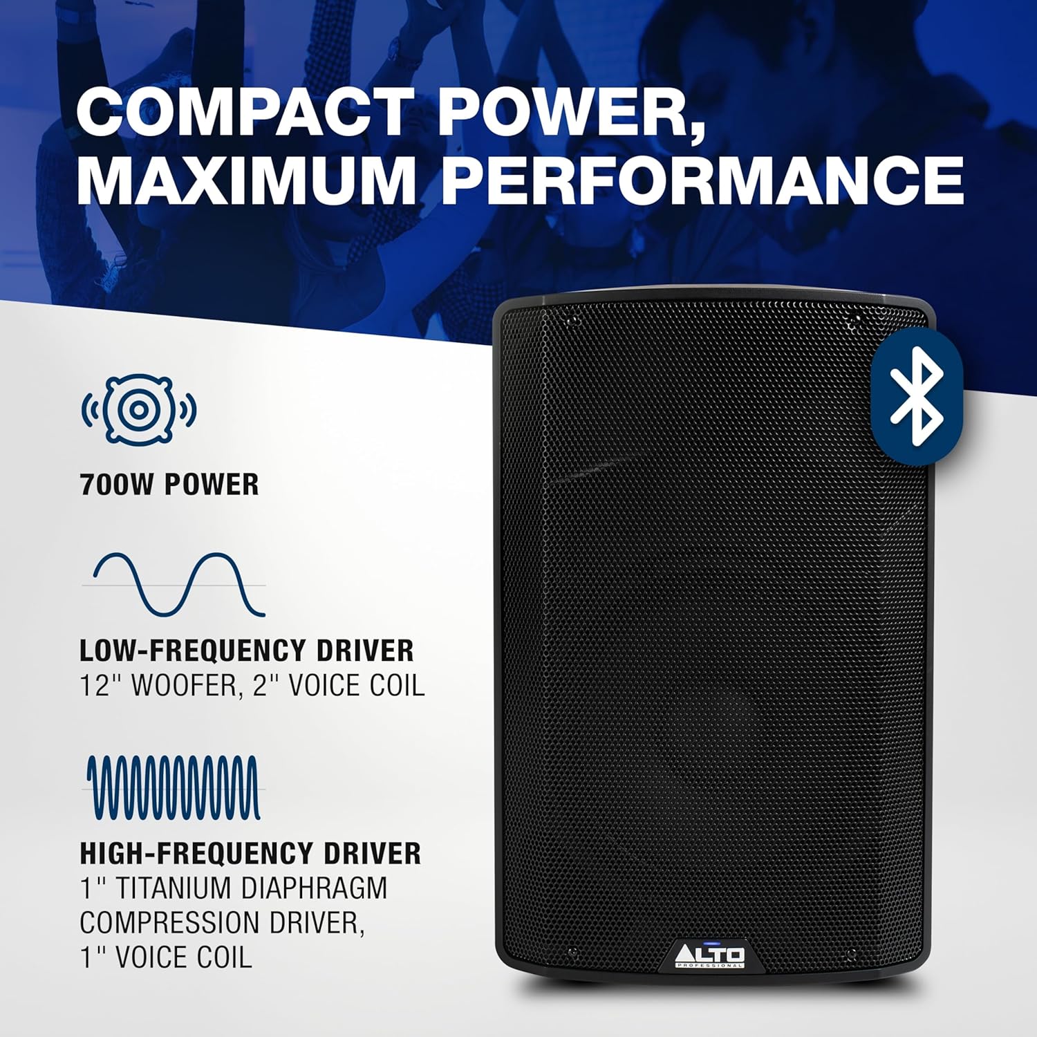 Diagram showing 700W power, 12-inch low-frequency driver, and 1-inch high-frequency driver specifications.
