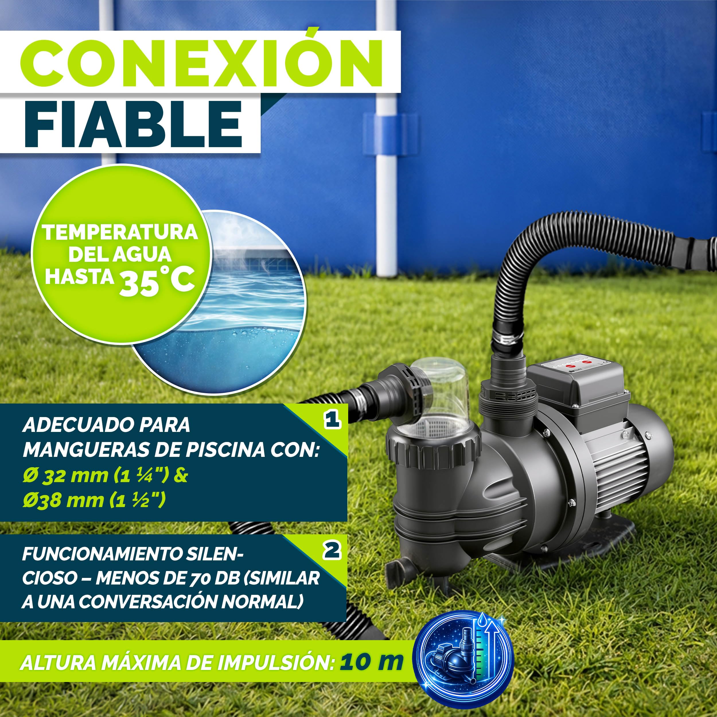 tillvex® Bomba de filtro piscina con temporizador 9 500 L/h & 550 W | Altura de impulsión máx. 10 m | Bomba de circulación para piscinas 40 m³ | Autoaspirante piscina desmontable & spa con prefiltro