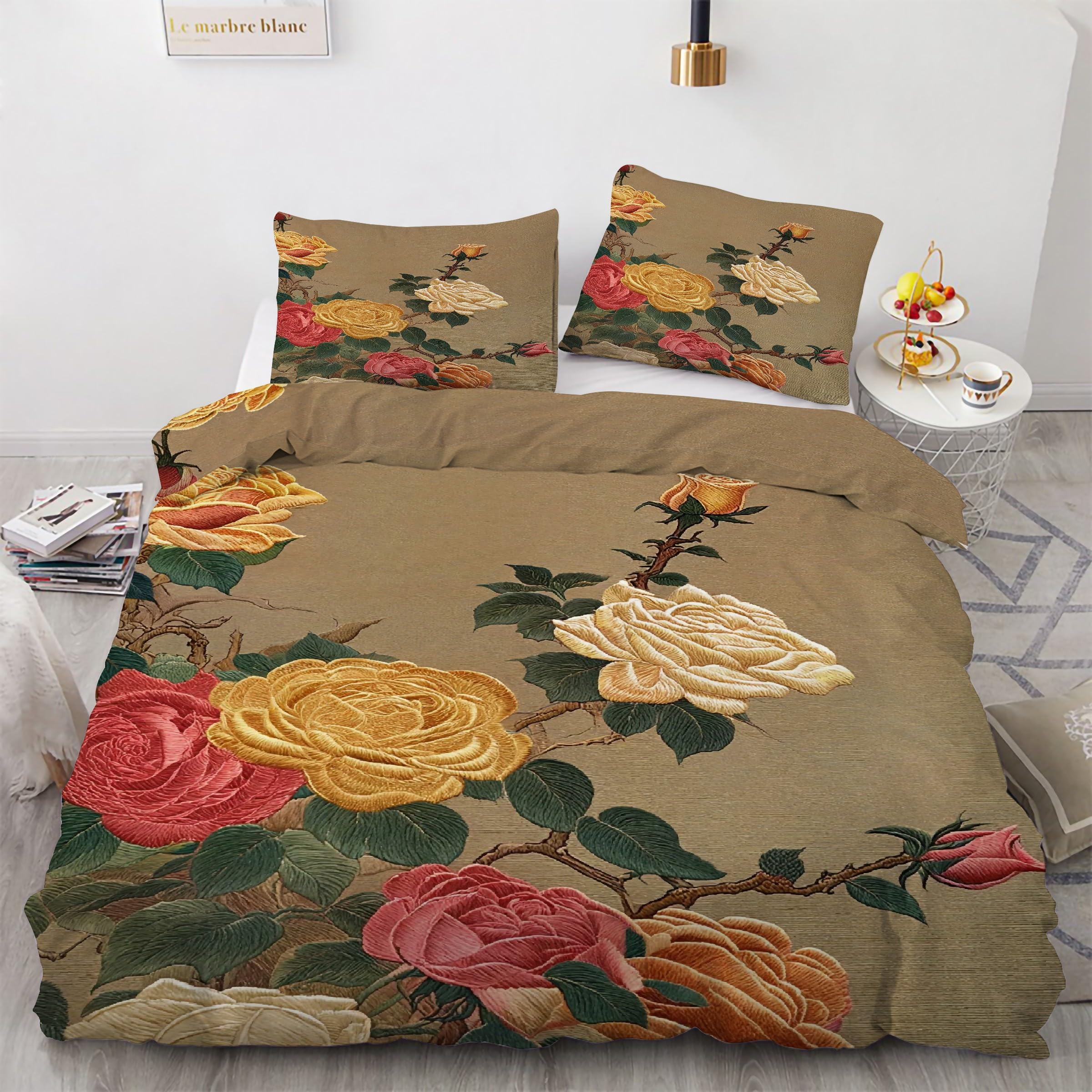 Housse de couette 160x200 fleurs rétro parure de lit 3 pièces microfibre KG75