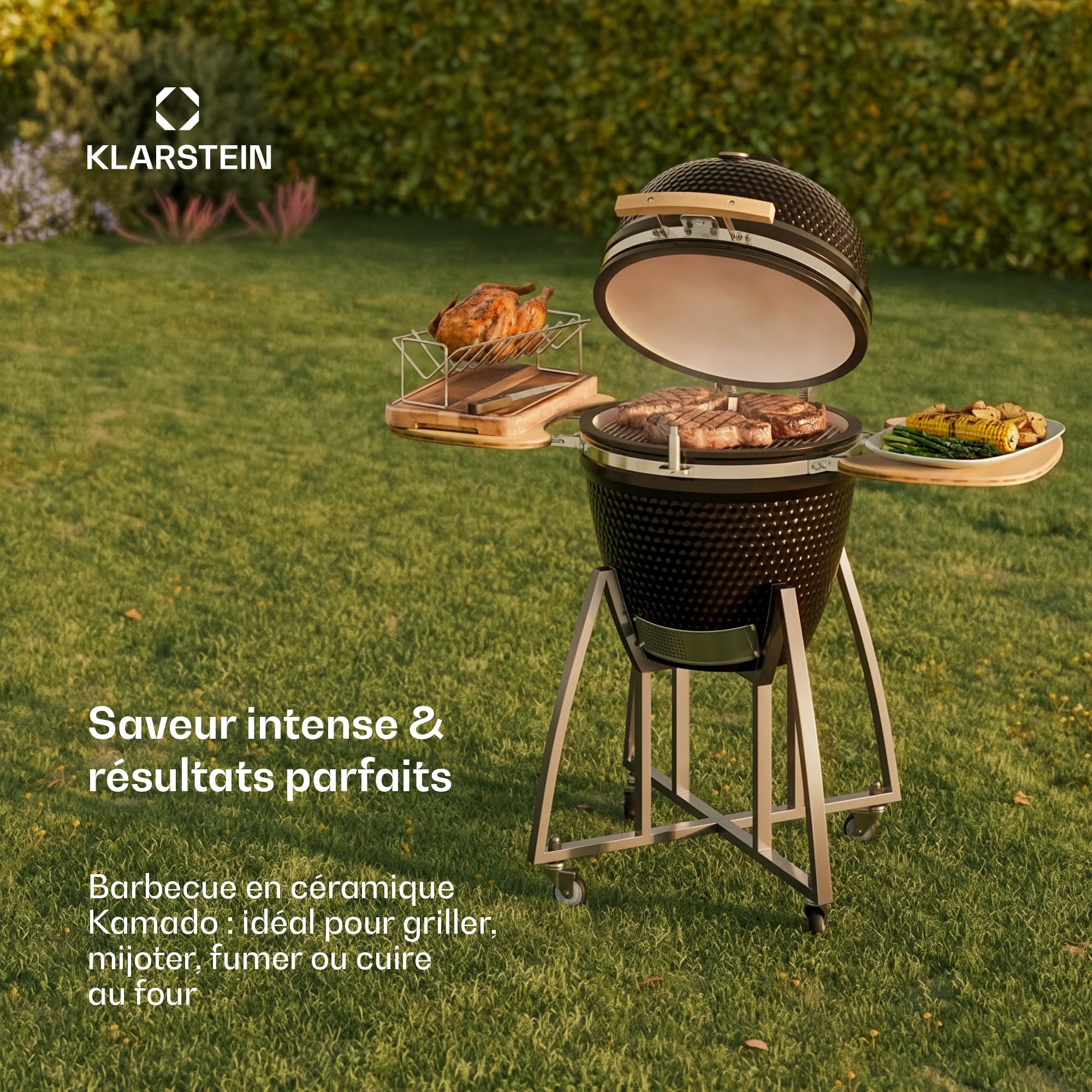 Klarstein Kamado-Grill - zum Grillen, langsamen Garen, Smoken oder Backen, abnehmbare Seitenteile, Keramik, Edelstahl, Bambus, Thermometer von 0-400 °C, 3 Rollen, 75 x 132 x 125 cm, schwarz