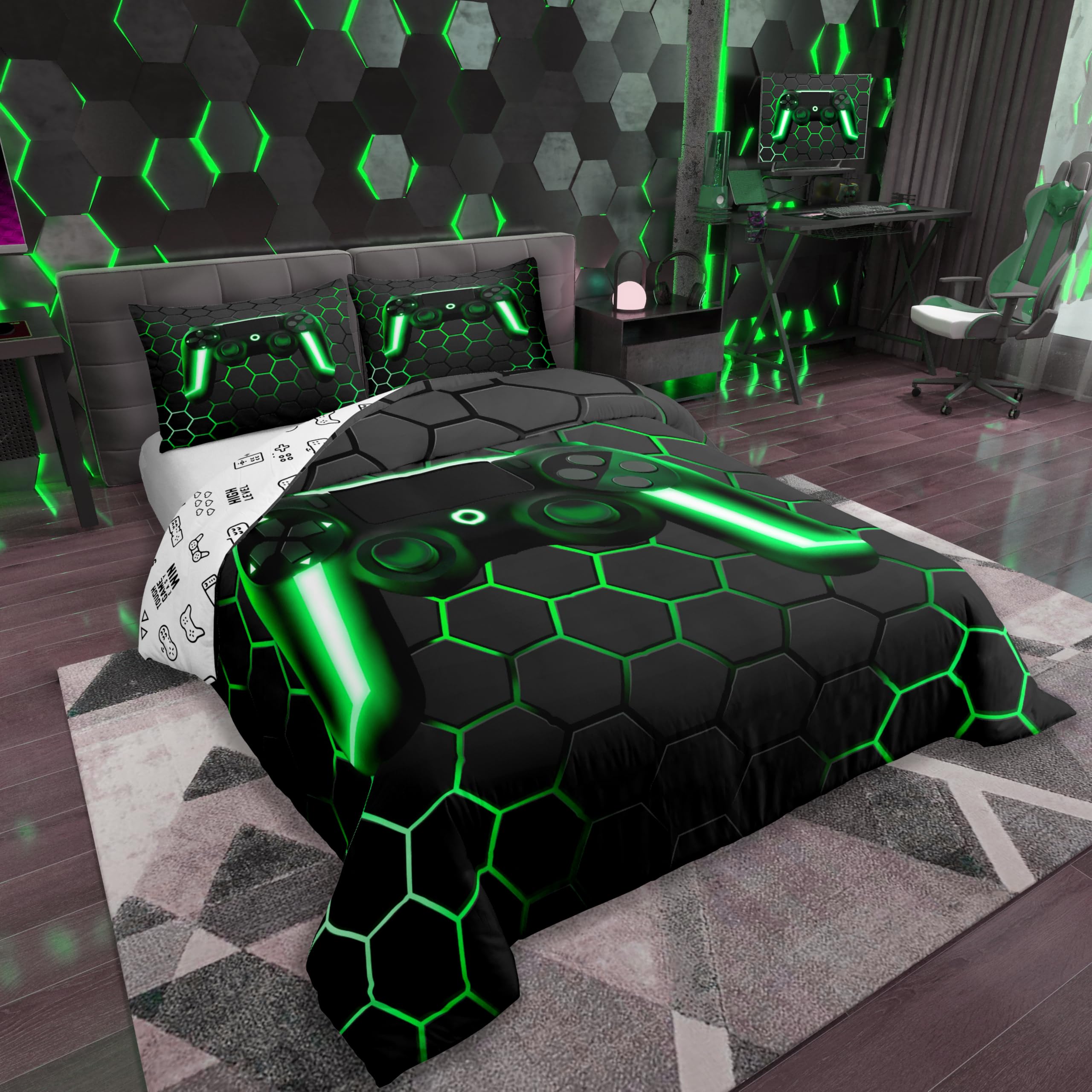 Homewish Juego de ropa de cama geométrica con diseño de panal de abeja, juego de ropa de cama para niños, adolescentes, jóvenes, colmenas, hexágonos, 2 unidades, 155 x 220 cm, gris y verde