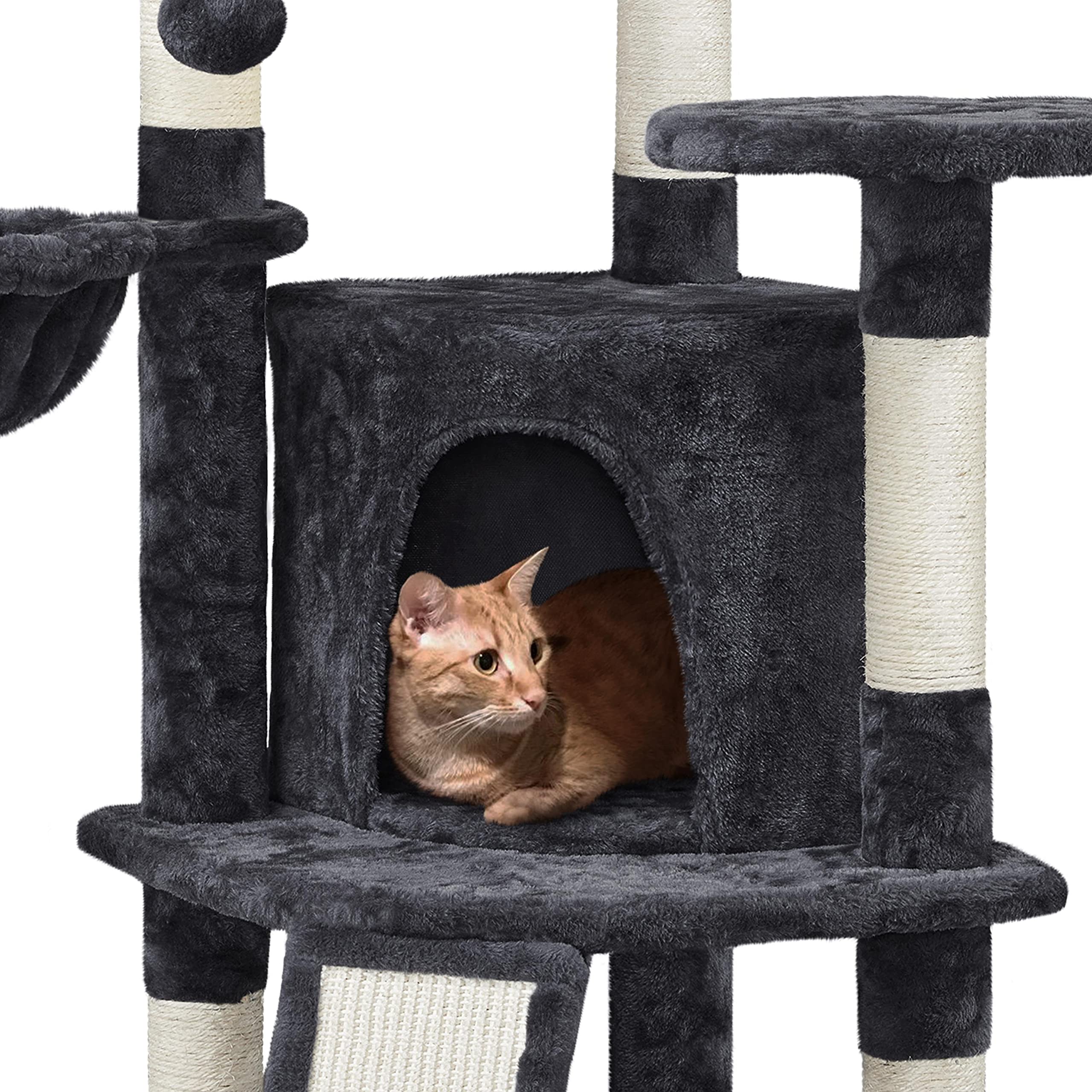 Yaheetech Árbol Rascador para Gatos Altura 106 cm Torre de Gatos Negro | Rampa de sisal, Correa antivuelco, postes cuerda de sisal, Bola colgante sustituible, Condominio grande, cesta acogedora