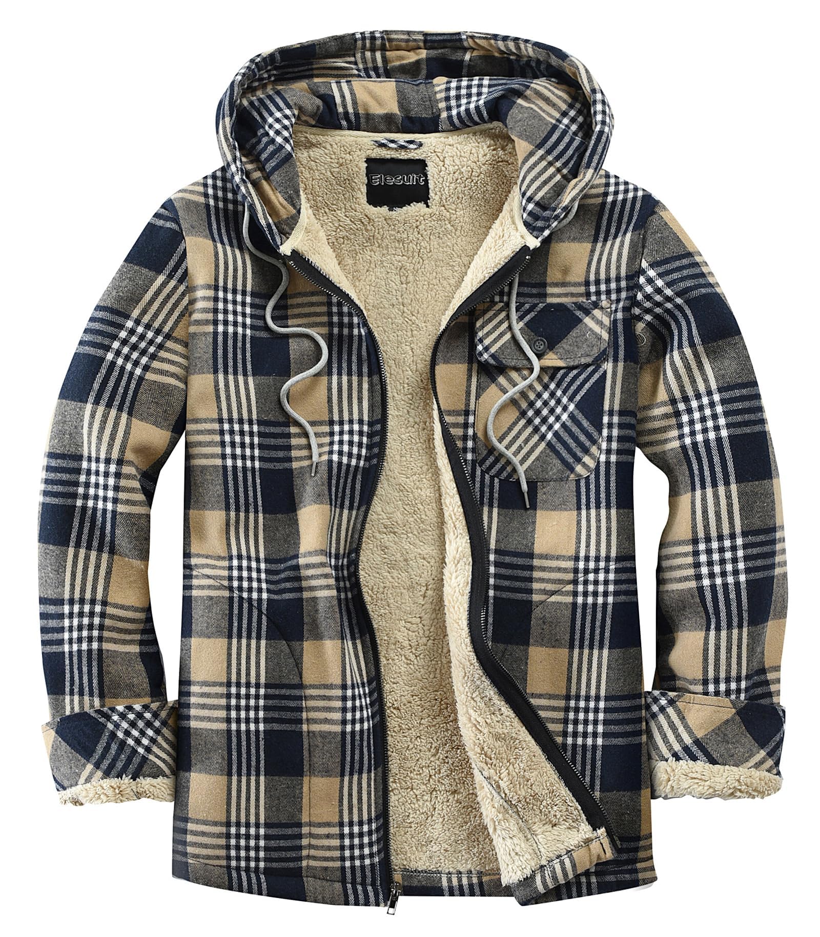 Men's Full Zip Fleece Flannel Jacket Shirt Plaid Cotton Hoodie Coat