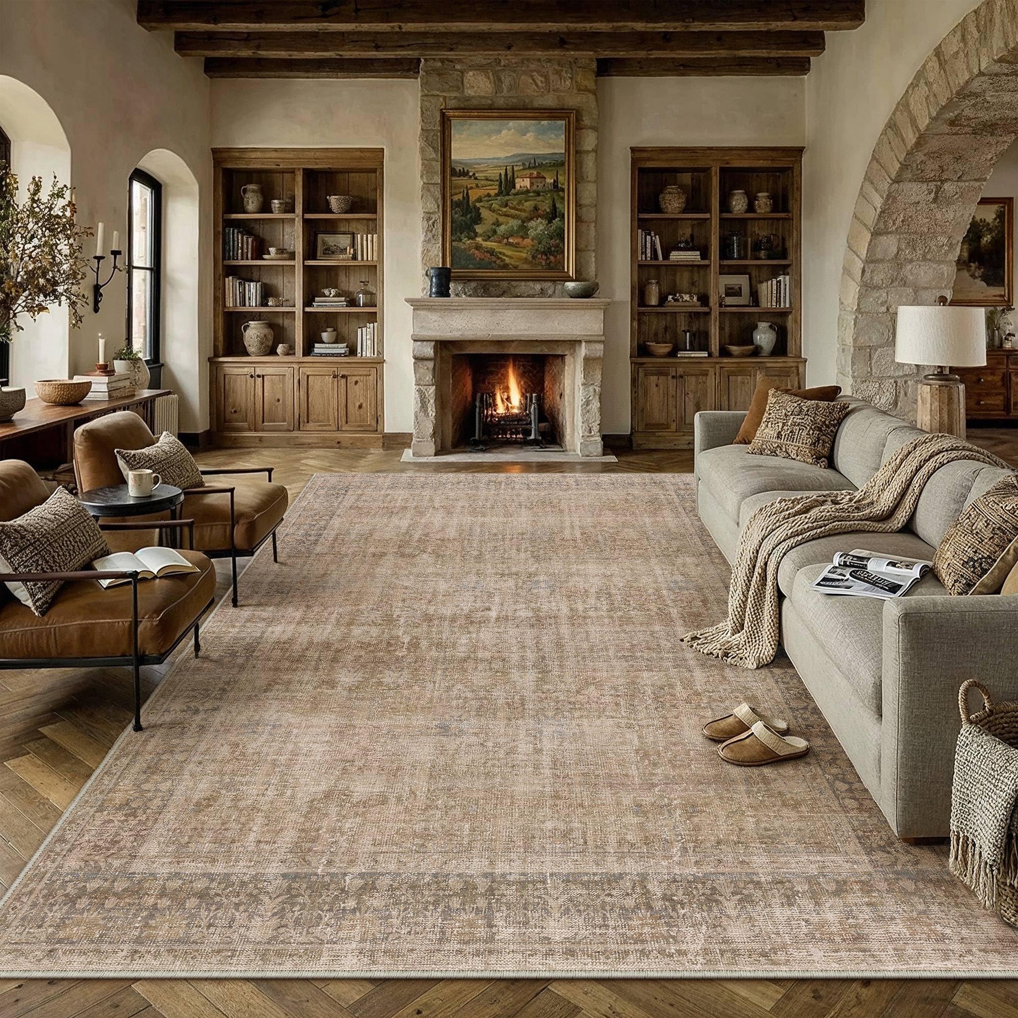hugear brown 10x14 washable area rugs for living room bedroom large neutral vintage rug soft durable carpet distressed non slip & shedding stain resistant low pile for home decor
