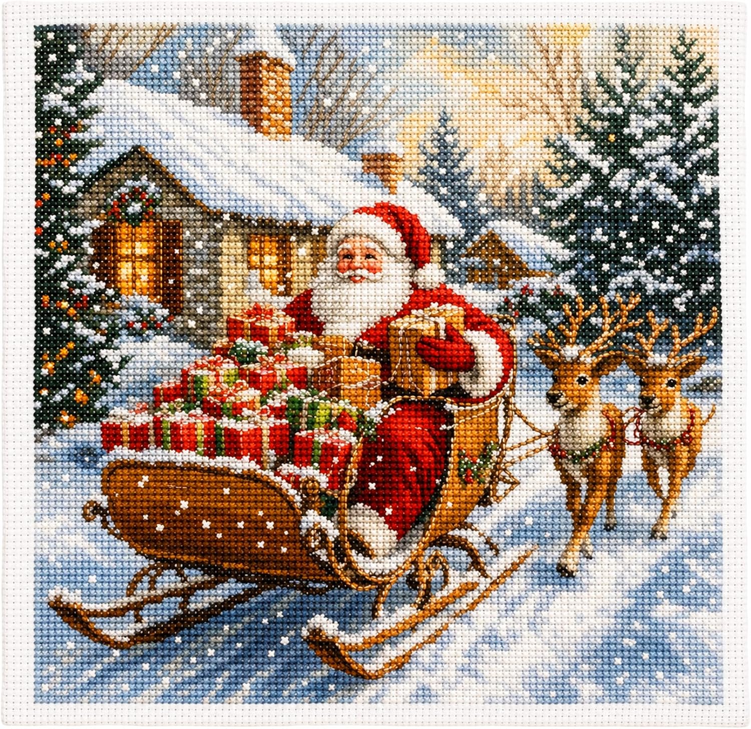 Zhenqing Christmas Santa Sleigh Stamped Cross Stitch Kit for Beginners, 11CT Printed 40 x 40 cm Winter Cottage Reindeer Gift Pattern, DIY Holiday Embroidery Needlework Set, No Hoop Needed