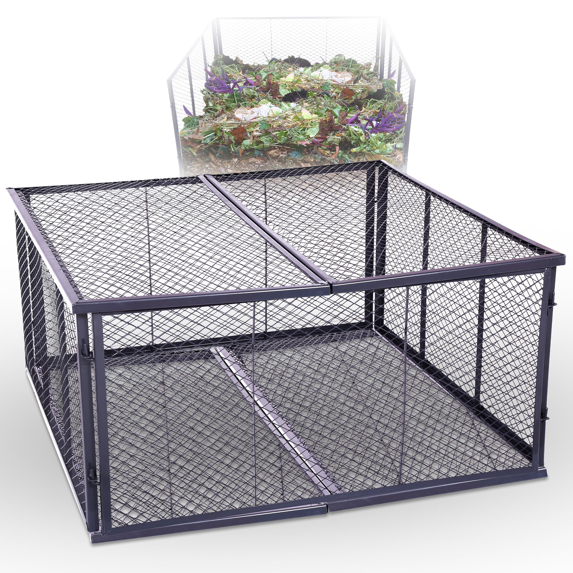 Novatool Garten-Komposter Metall 100x100x50 cm + Deckel und Boden, mit erweiterbarem Stecksytem, pulverbeschichteter Metallkomposter mit 500 Liter Volumen, Draht Kompost Kompostkiste Rasenkomposter