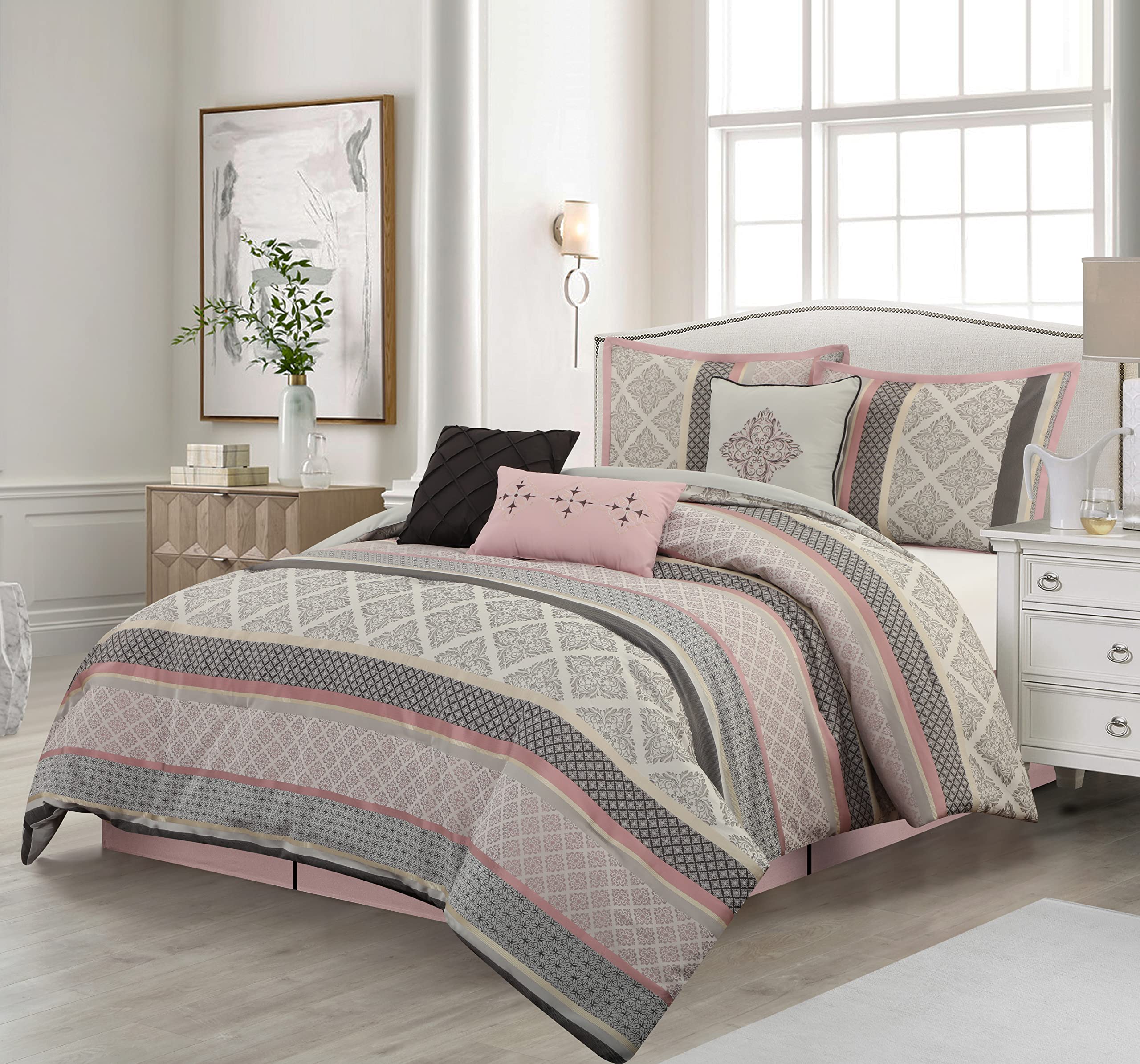 Stratford Park Jacquard 7 Piece Comforter Set, Blush, Bed Size King, Geometric, 100% Polyester & Fill