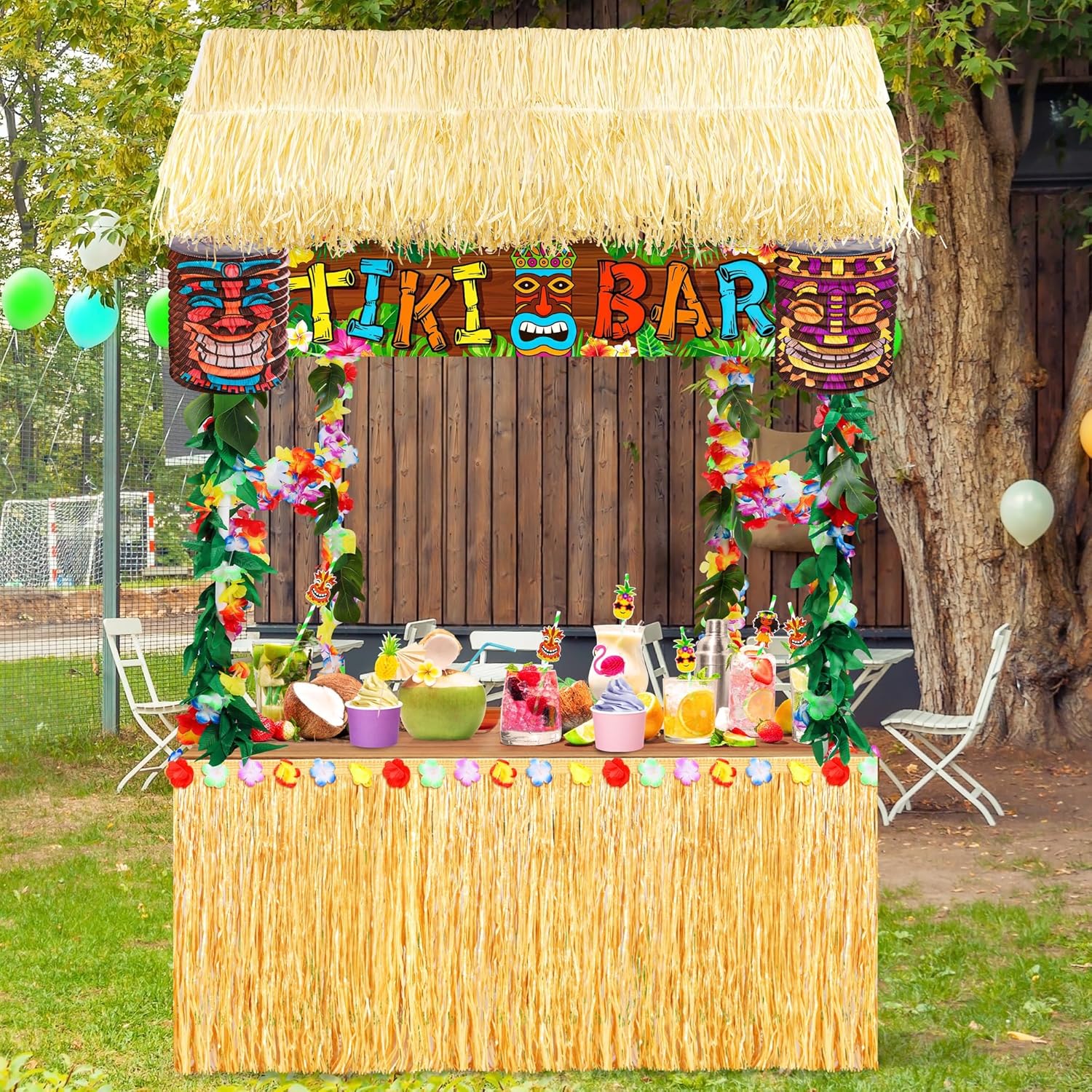 115 Pieces Hawaii Tiki Bar Kit Include 53 x 21.7 x 55 Inch Large Hawaiian Bar Hut Table Skirt Straw Roof Garland Banner Tropical Palm Leaves Lantern for Luau Summer Hawaiian Aloha Theme Party