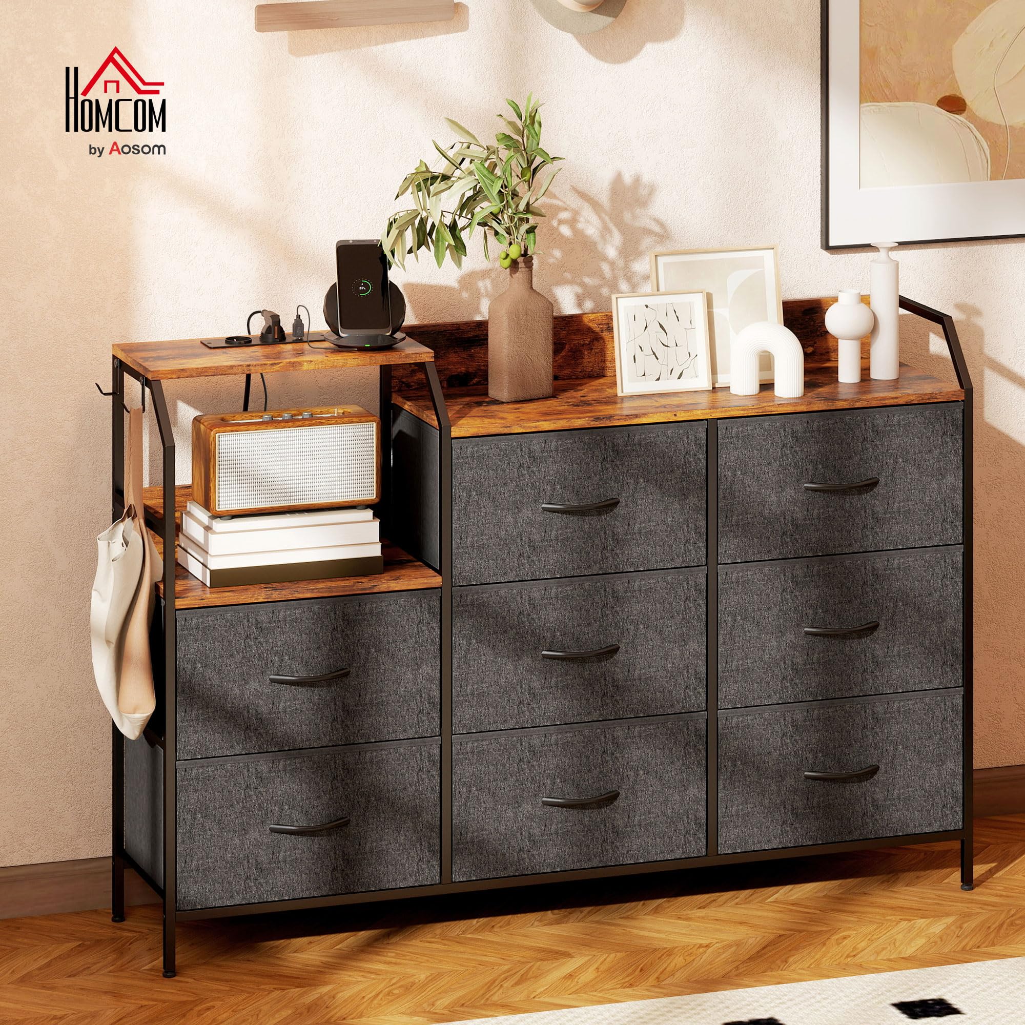 HOMCOM Commode avec Station de Recharge, 8 tiroirs en Tissu Pliables, Commode Chambre, Meuble de Rangement, étagère Ouverte et Crochets, Cadre en Acier, pour Chambre, Salon, Couloir, Marron Rustique | Meuble de Rangement, Étagère Ouverte, Crochets, Cadre