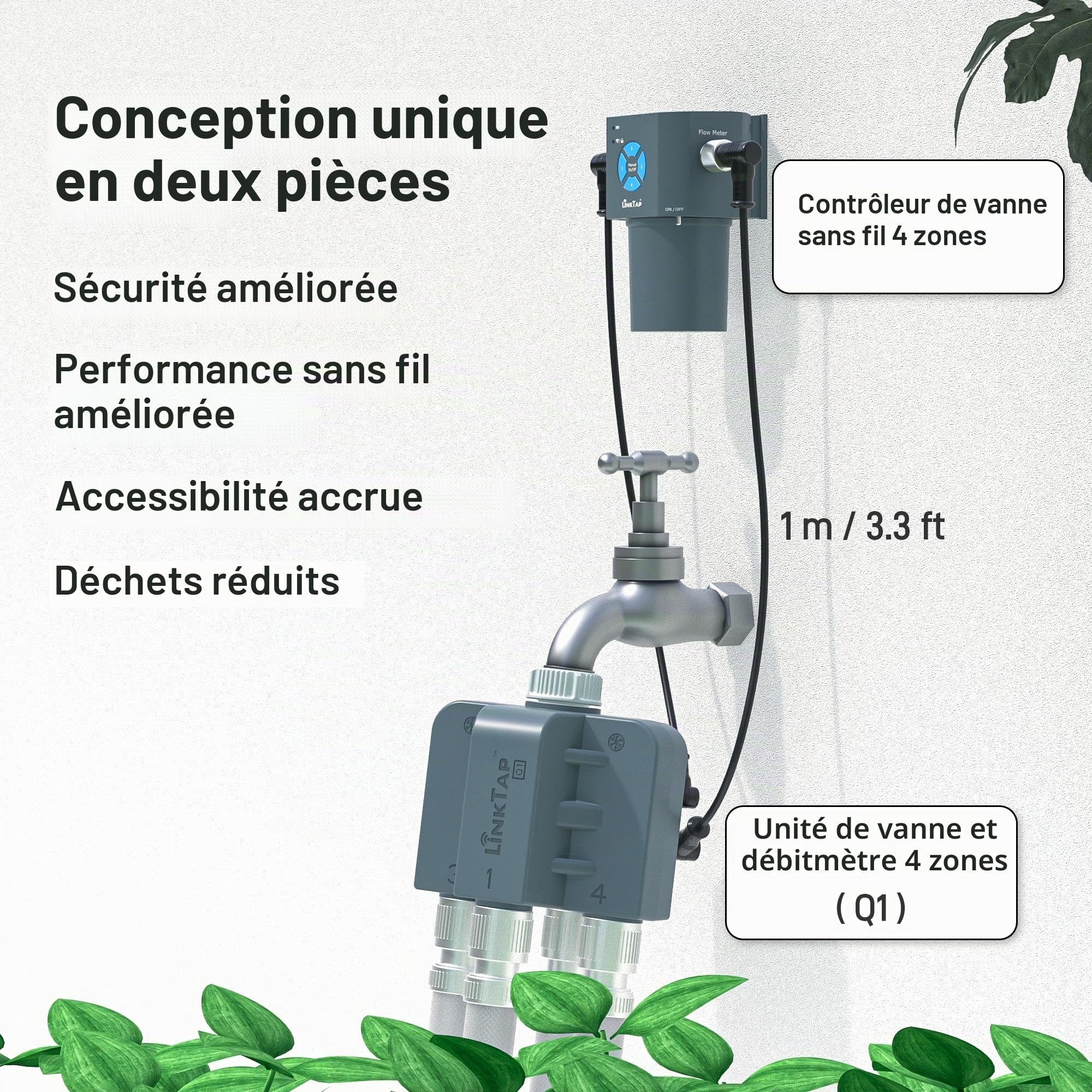 LinkTap Q1 Programmateur d'arrosage Intelligent et Gateway, 4 Zones distinctes, 4 débitmètres intégrés, équivaut à 4 G2S, Adaptation météo, IP66, Installation et Utilisation faciles