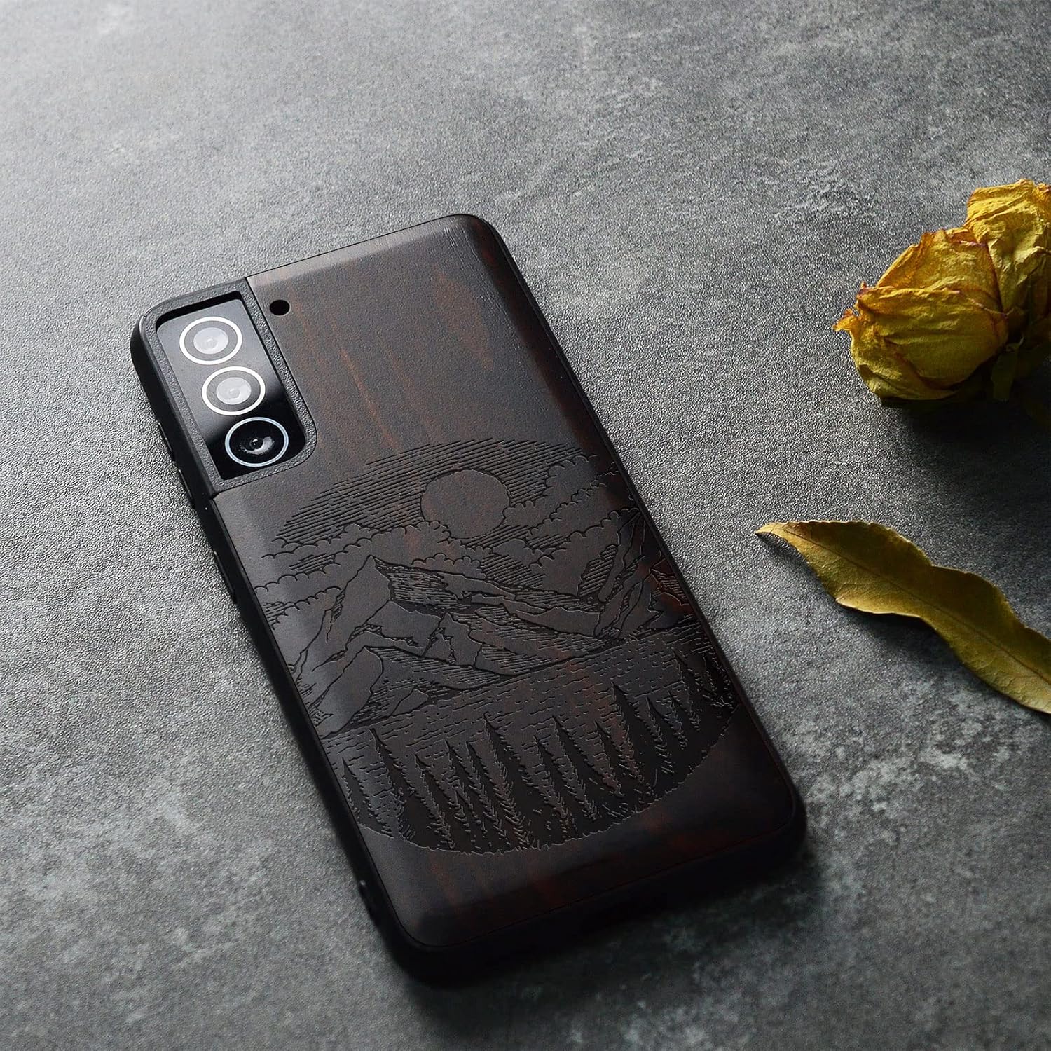 Carveit Wood Case for Galaxy S21 FE Case [Natural Wood & Soft TPU] Shockproof Hybrid Protective Unique Wooden Cover Compatible with Samsung S21 FE 5G (Alpine Lake Carving-Blackwood)