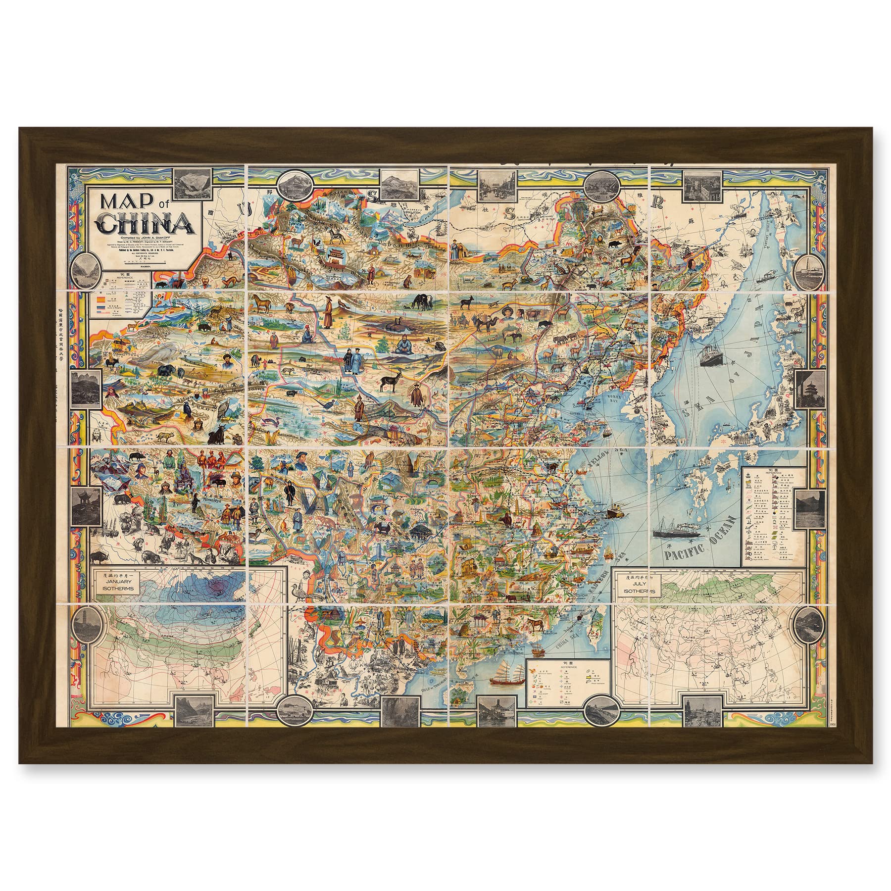 Artery8 Map Diakoff 1931 China Pictorial Unfolded Artwork Framed Wall Art Print A4