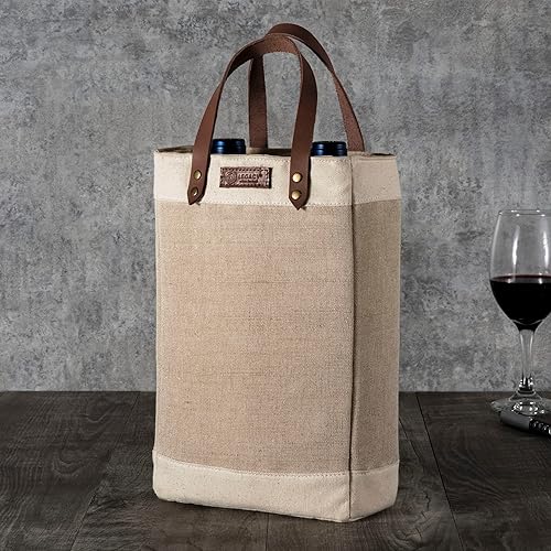 Miniatura 6 de LEGACY - a Picnic Time Brand - Bolsa de vino con aislamiento de yute Pinot de 2 botellas y bolsa de regalo, color beige