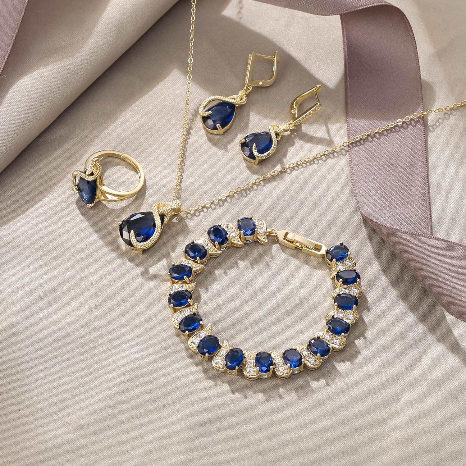 EVER FAITH Wedding Jewelry Set for Bride Bridesmaid, Glamour Teardrop Cubic Zirconia Pendant Necklace Earrings Tennis Bracelet Open Ring Sets for Birthday/Valentine's Day/Mother's Day/Christmas - Image 5