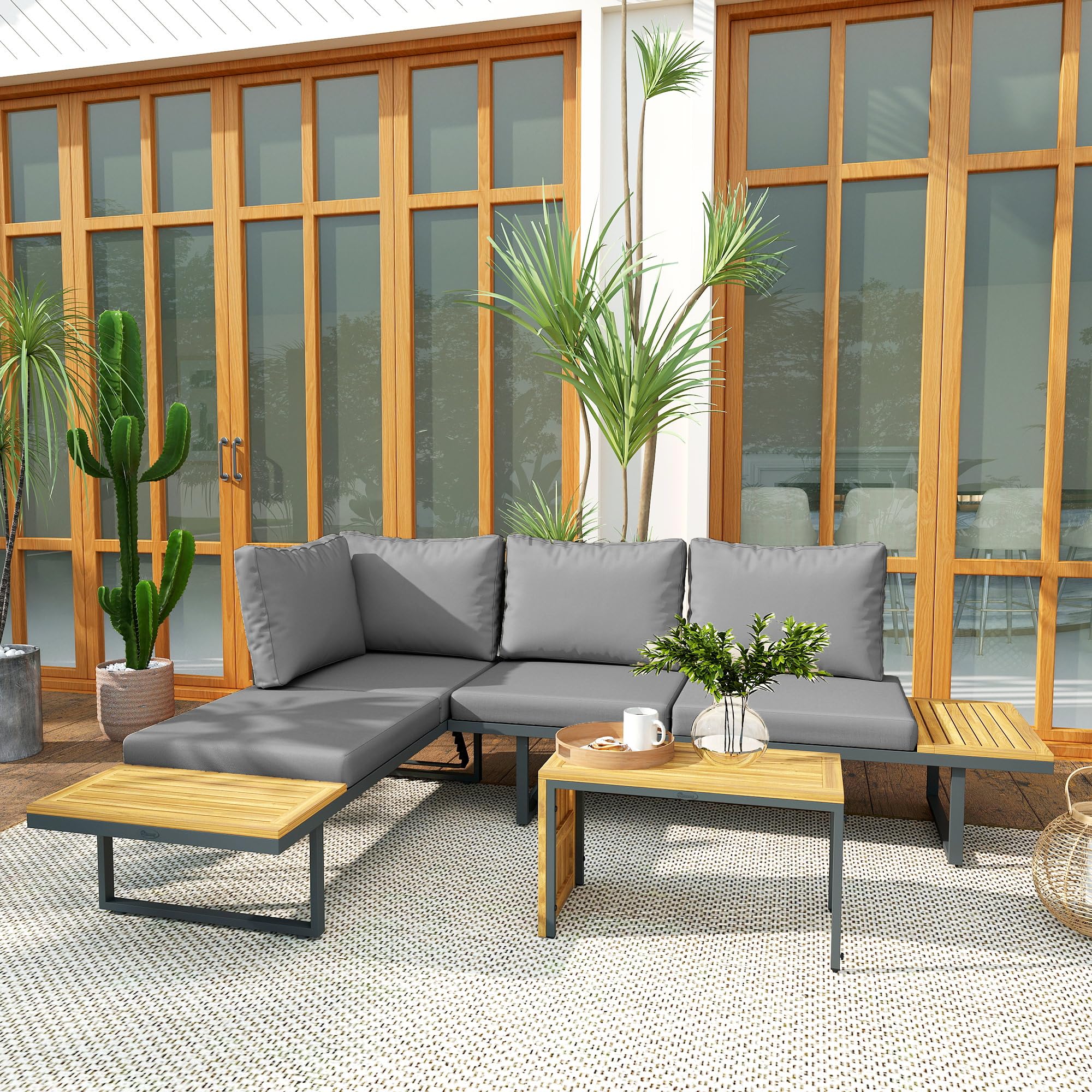 Outsunny Salon de Jardin extérieur d'angle 6 Places modulable en Bois d'acacia avec canapés et Table Basse, Dossier Ajustable, Coussins Inclus, chaises Longues pour terrasse Patio Jardin, Gris
