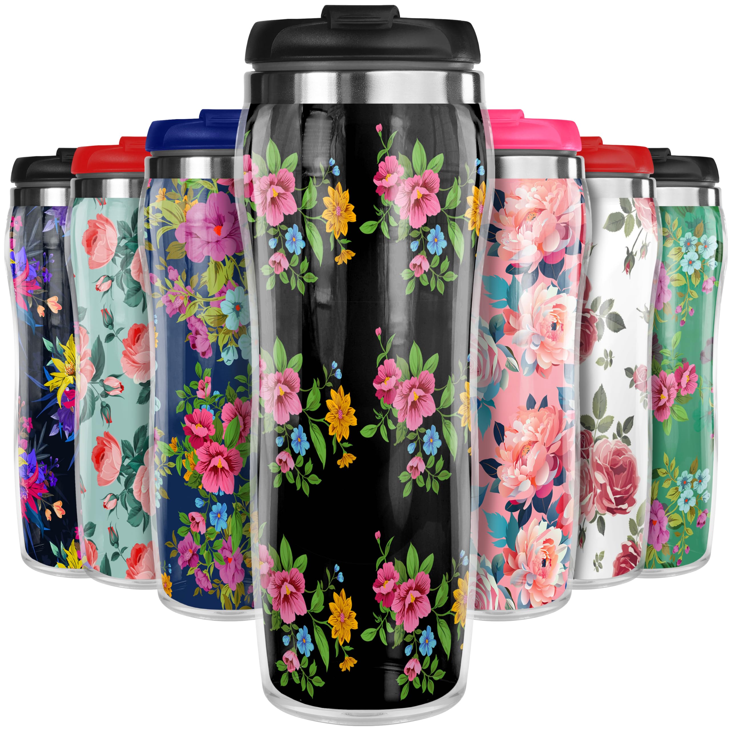 Pixly® Colourful Flowers Thermal Travel Mug Coffee Tea Flask, 400ml/14oz Capacity, Flower, Floral Pattern - Colourful Bloom