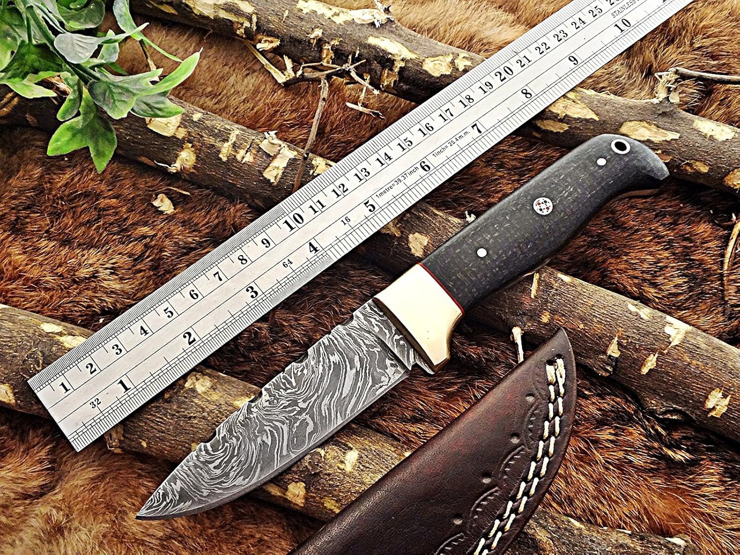 8.5" Long hand forged Damascus steel Skinning knife, 4" full tang hand forged blade, Available in 3 scale with inserting hole and Brass bolster, Cow hide Leather sheath with belt loop (Micarta)