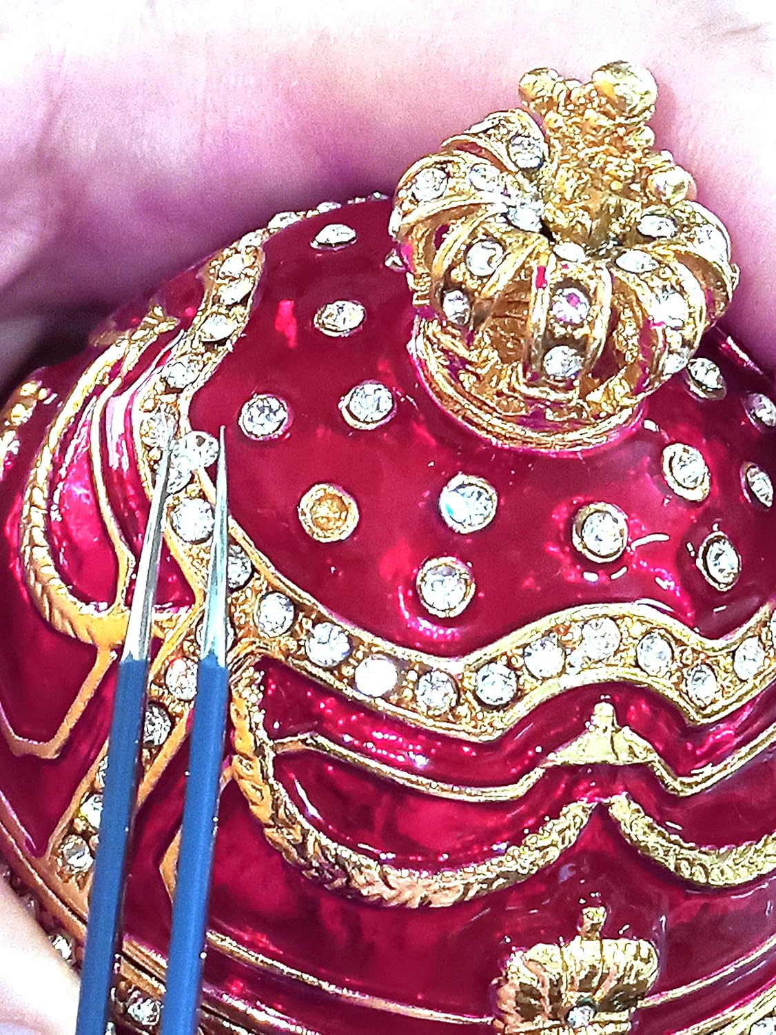 Handmade LARGE Faberge egg Jewelry box Decor White Bday Gifts for Womens Ruby BRACELET for her Valentine's day 24KGOLD HANDSET Austrian Crystal DESIGNER Trinket gift for her Birthday Anniversary 4ct : Handmade Products