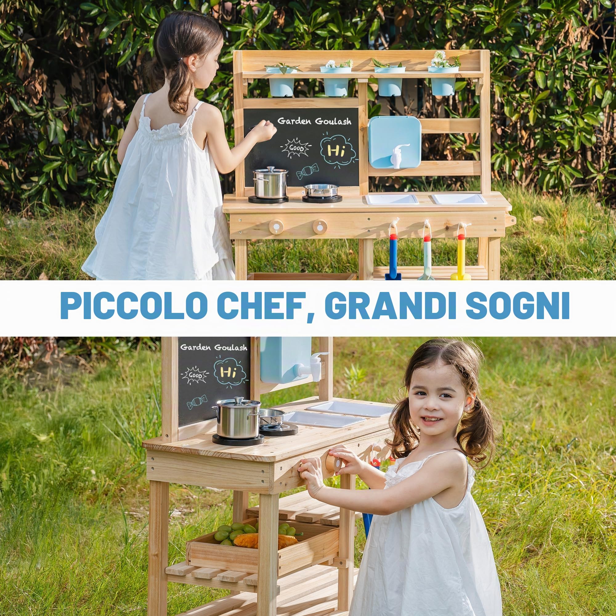 ROBUD Cucina in legno per bambini piccoli, cucina giochi per esterni con lavello, fornello, vasi, lavagna, vano portaoggetti e accessori da cucina, giocattolo per ragazzi e ragazze dai 3 anni in su