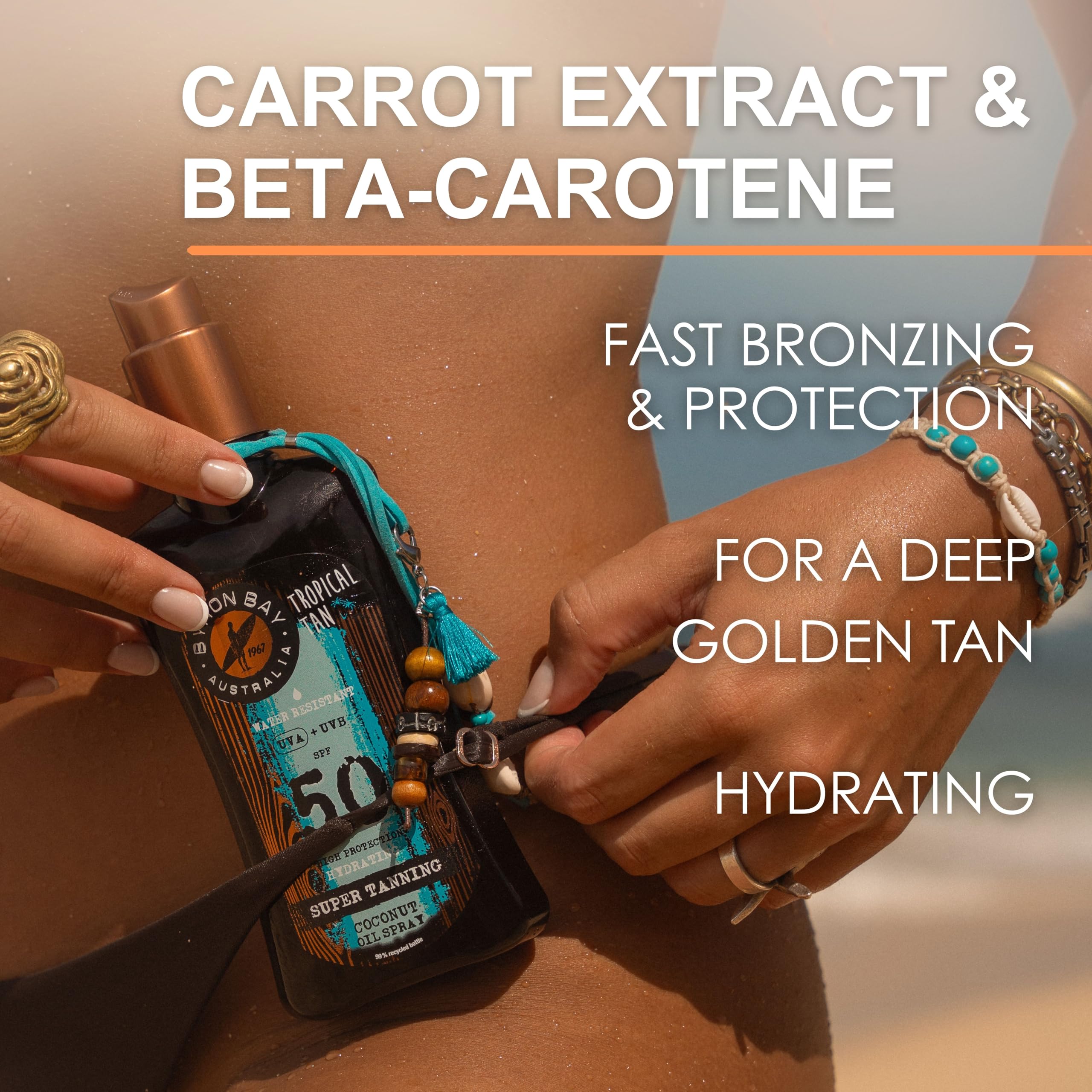 Byron Bay Australia Huile Bronzante Spray SPF 50 Bronzage rapide et intense avec extrait de carotte et bêta-carotène, Protection UVA et UVB avec vitamine E et aloe vera, parfum tropical de coco, 200ml