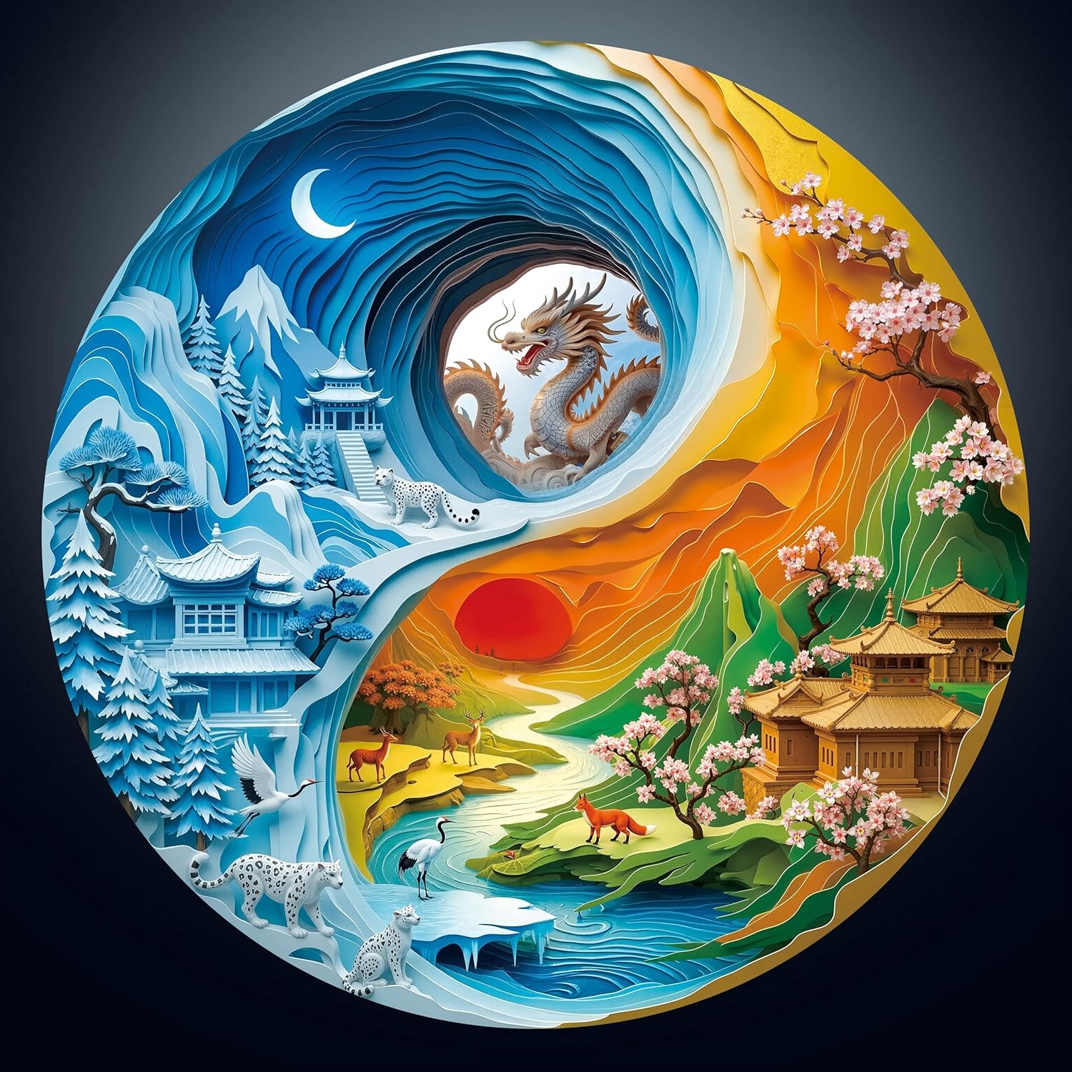 1000 Piece Round Jigsaw Puzzle for Adults - 3D Visual Yin-Yang Mountain Animals 26.6in Diameter Circular Brain Challenge & Artistic Home Decor for Mindful Relaxation