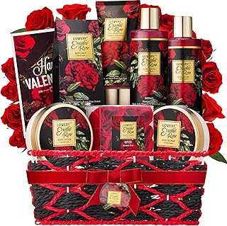 Valentine's Day Gift Basket for Her - Exotic Rose & Spa Bath & Body Set for Women, Anniversary & Birthday Gift with Body Scrub, Bubble Bath, Lotion & More