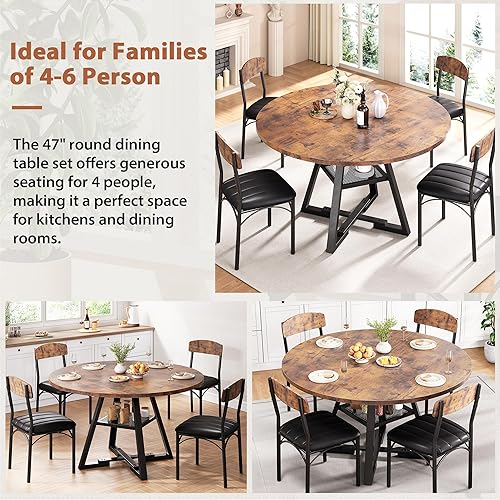 Miniatura 7 de Juego de mesa de comedor para 4, mesa de cocina y sillas para 4, mesa de comedor redonda con sillas tapizadas, 5 piezas circulares de madera que