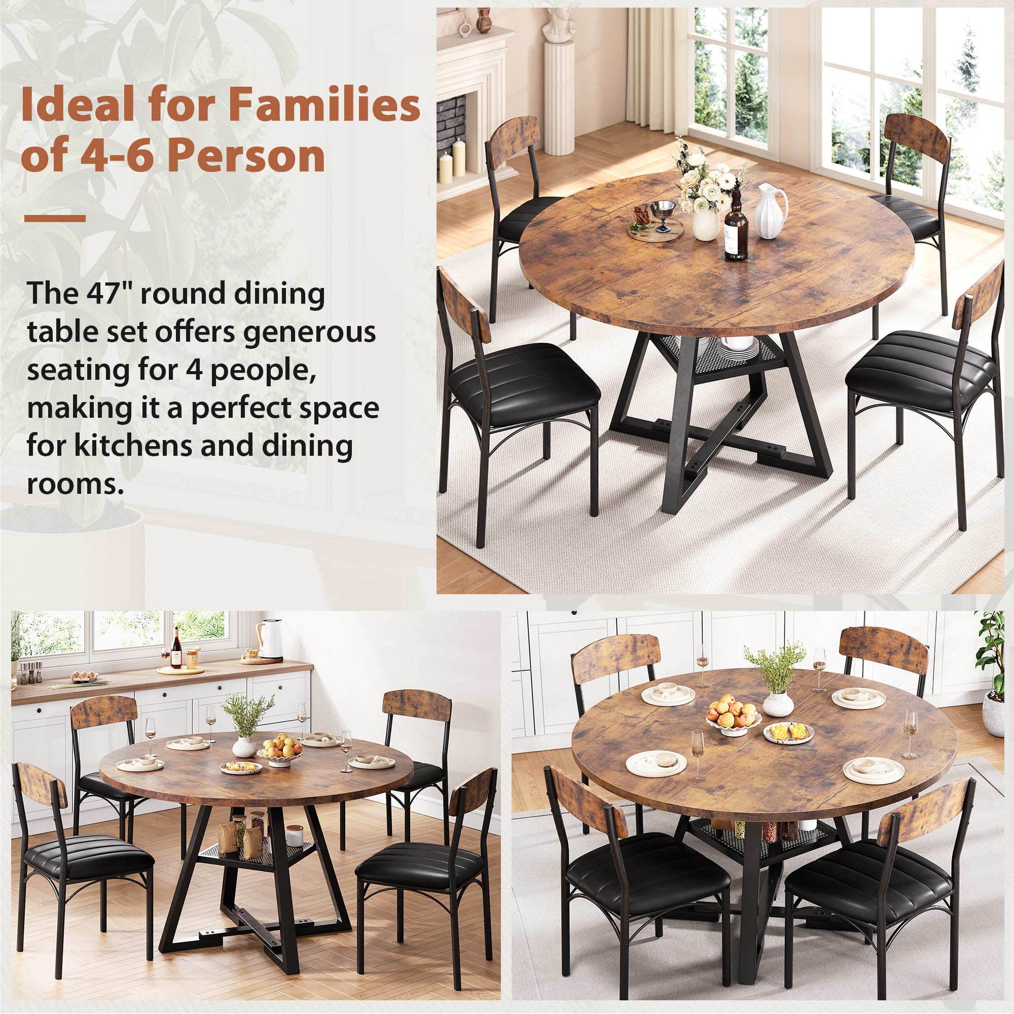 Jocoevol Runder Esstisch und 4 Esszimmerstühle Set, Essgruppe 5-Teilig, Esszimmertisch mit Ablage und 4 stühle für Küche, Wohnzimmer, Balkon, Restaurant, Büro (Vintage Braun, 120x120x76cm)