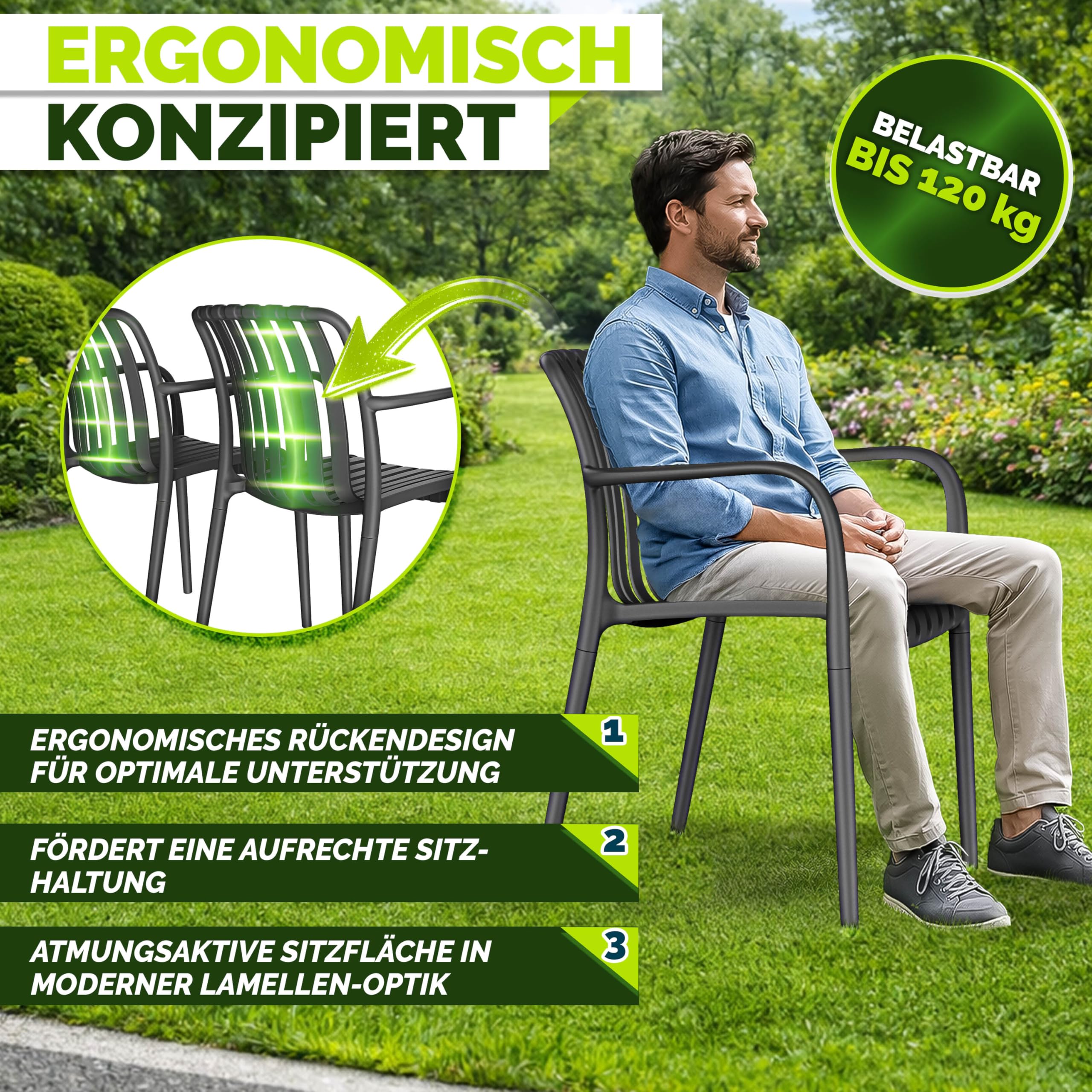 tillvex® Gartenstühle 4er Set Stapelbar Wetterfest mit Armlehne | Outdoor Stühle bis 120kg belastbar | Gartenstühle Outdoor | Terrassenstuhl Gartenmöbel Balkon Garten Terrasse