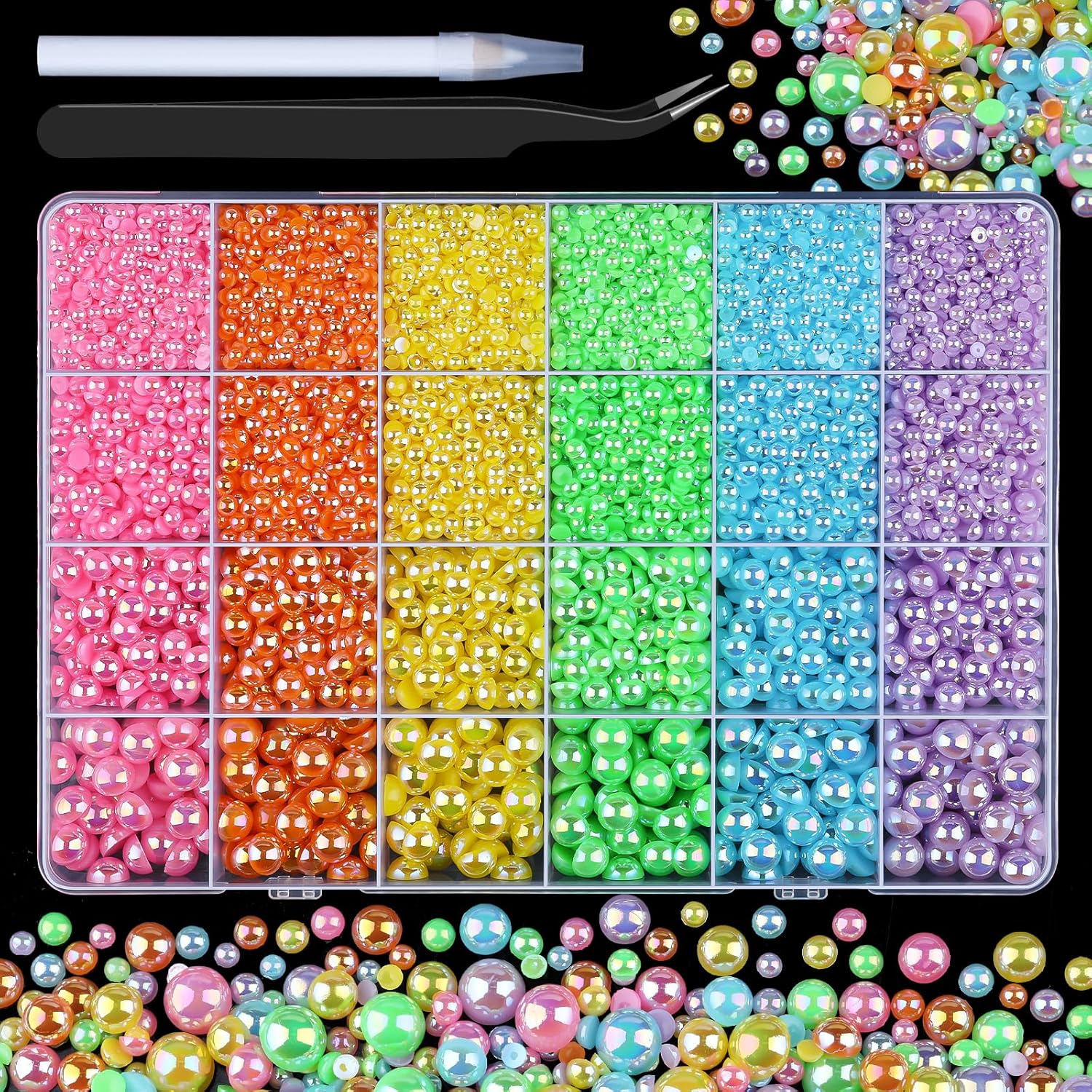 8500PCS Rainbow Flatback Pearls Set, 3/4/6/8mm Pink Purple Blue Half Round Pearls Bedazzling Bead with Tweezer and Pickup Pen for Nail Art Wedding Tumbler DIY Crafts