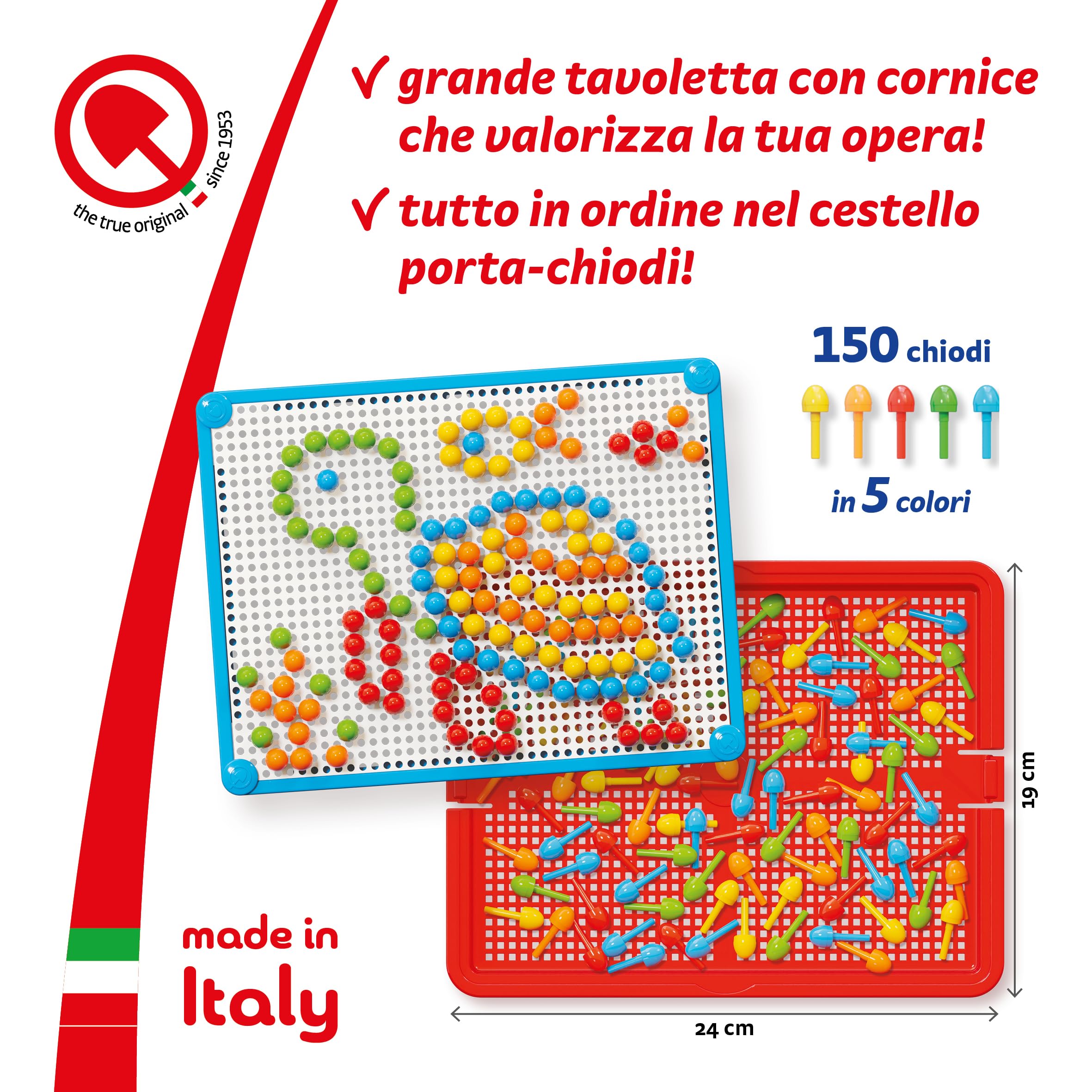 Quercetti FantaColor Tab 150 Chiodini per Bambini 3 anni, Giochi da Tavolo Bambini 3-6 Anni, Educativo e Creativo, con Tavoletta, Guida e Cestello, Giochi 3 Anni fino a 6 Anni, Made in Italy