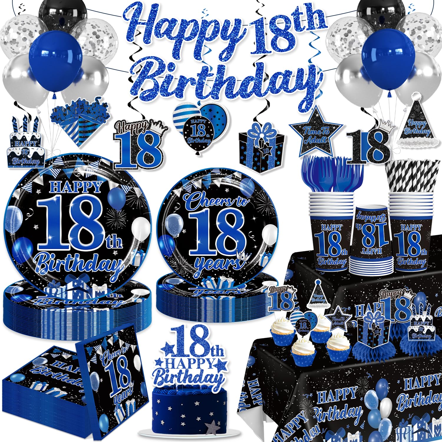 Yingoto 205Pcs Blue Black 18th Birthday Decorations for Boys