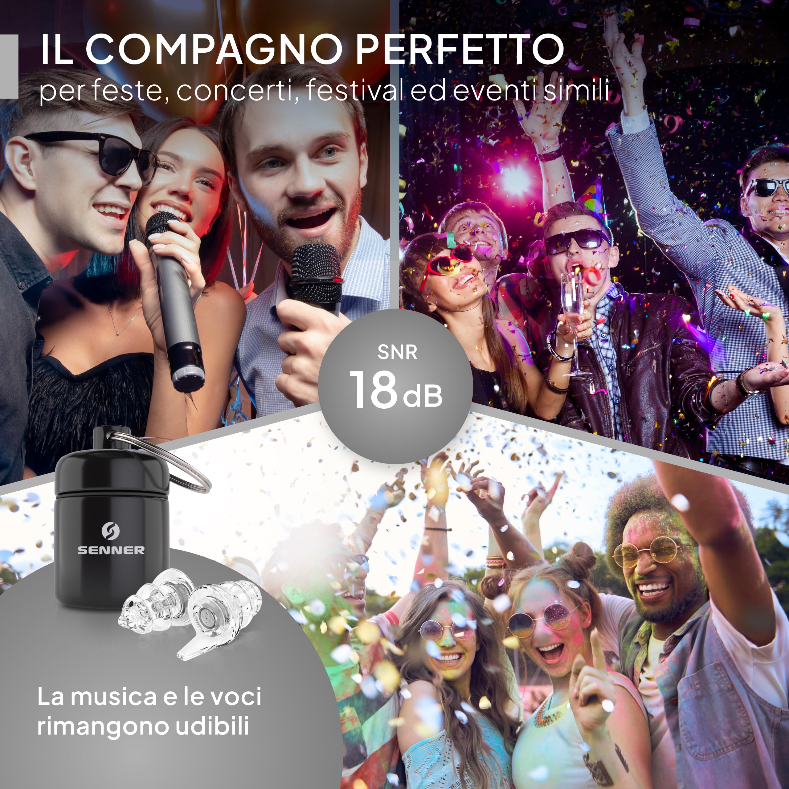 Senner PartyPro - Tappi per le orecchie protettivi con contenitore in alluminio, ideali per feste, concerti, festival, discoteche, club, molto leggeri da portare – Tappi trasparenti
