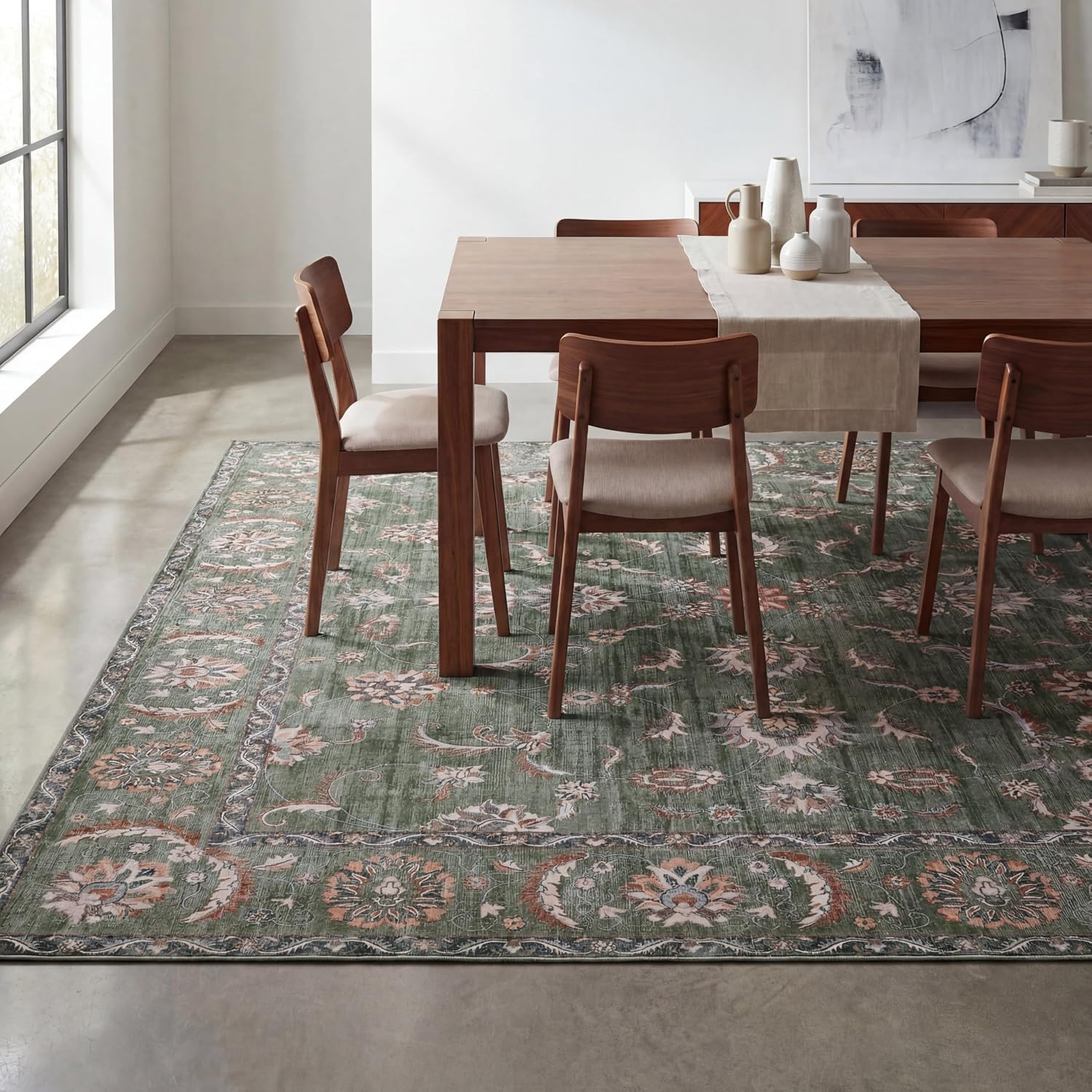 JONATHAN Y Ultra-Soft Machine-Washable Rug with Non-Skid Backing, Green/Brown 5'x8' Arabella Vintage Floral Border, Non-Shedding, Velvet Luxury Feel for Living Room, Dining Room, Bedroom (VOR107H-5)