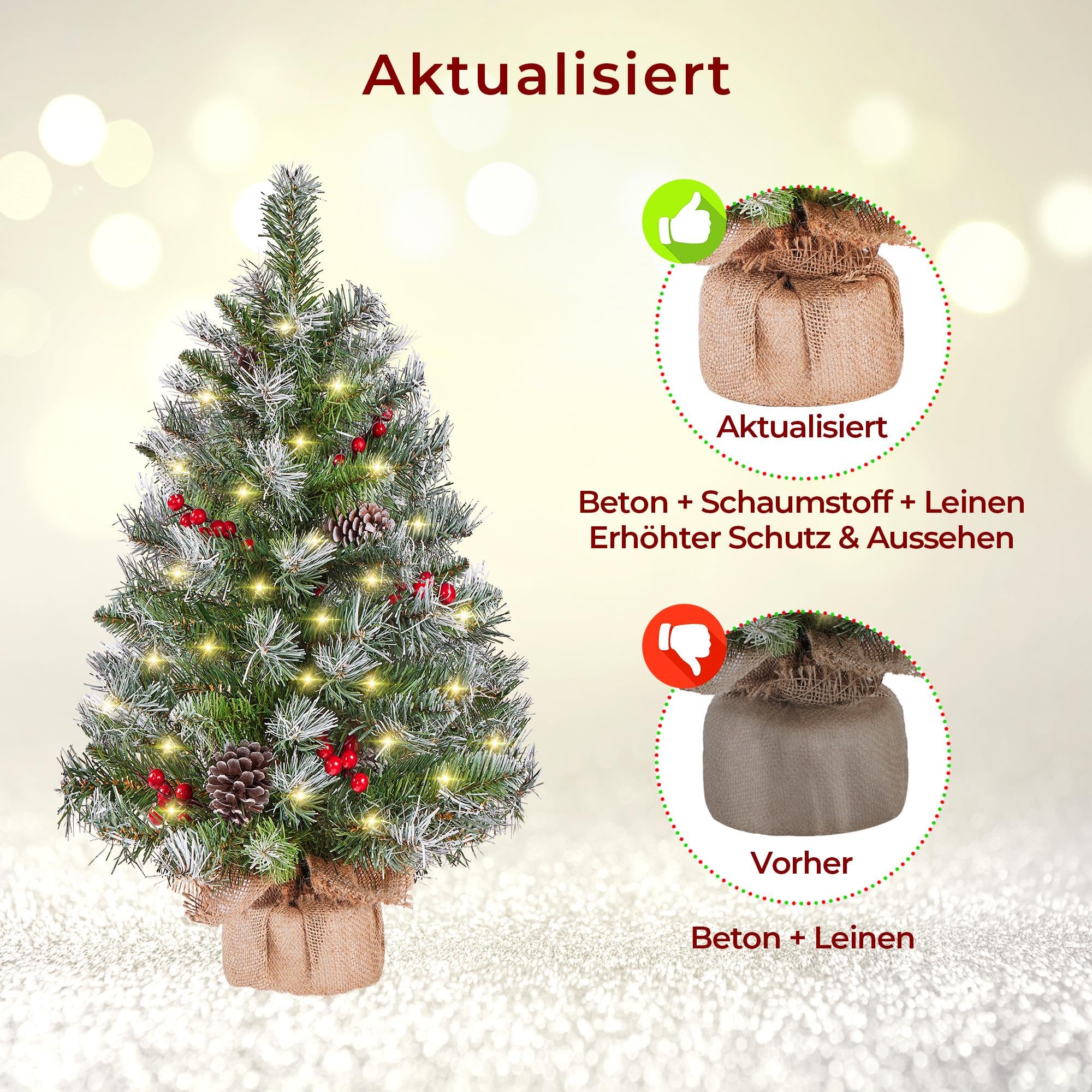 Yaheetech 2 Stück 92 cm Mini Künstlicher Weihnachtsbaum mit Schnee inkl. 50 Warmweiß LED & 70 Roten Beeren & 10 Tannenzapfen, Kleiner Christbaum Tisch Tannenbaum für Weihnachtsdeko
