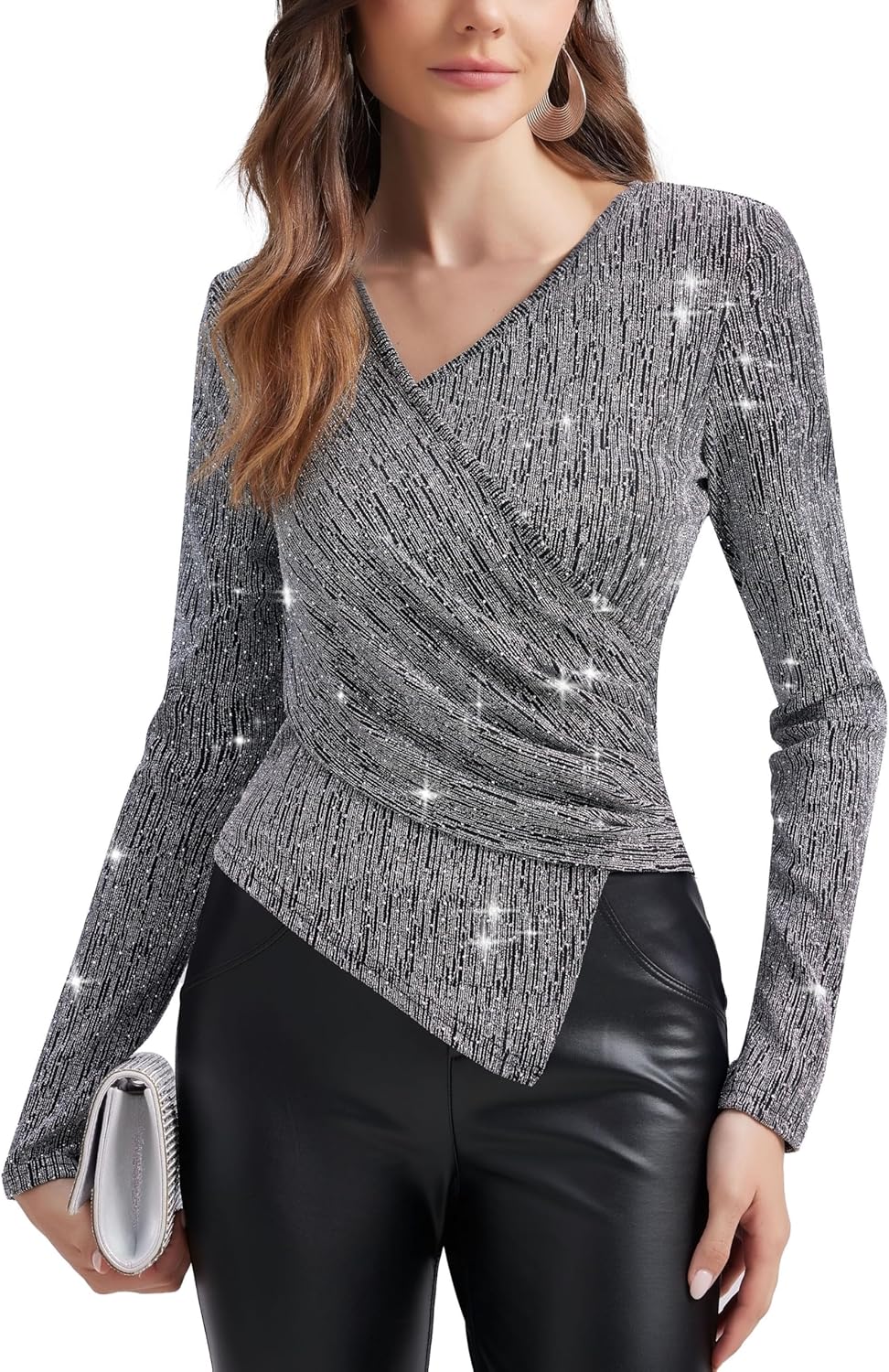 PEIQI Women's Rhinestone Top Long Sleeve Shimmer Glitter Sparkly Blouse for Cocktail Party Evening Shirts