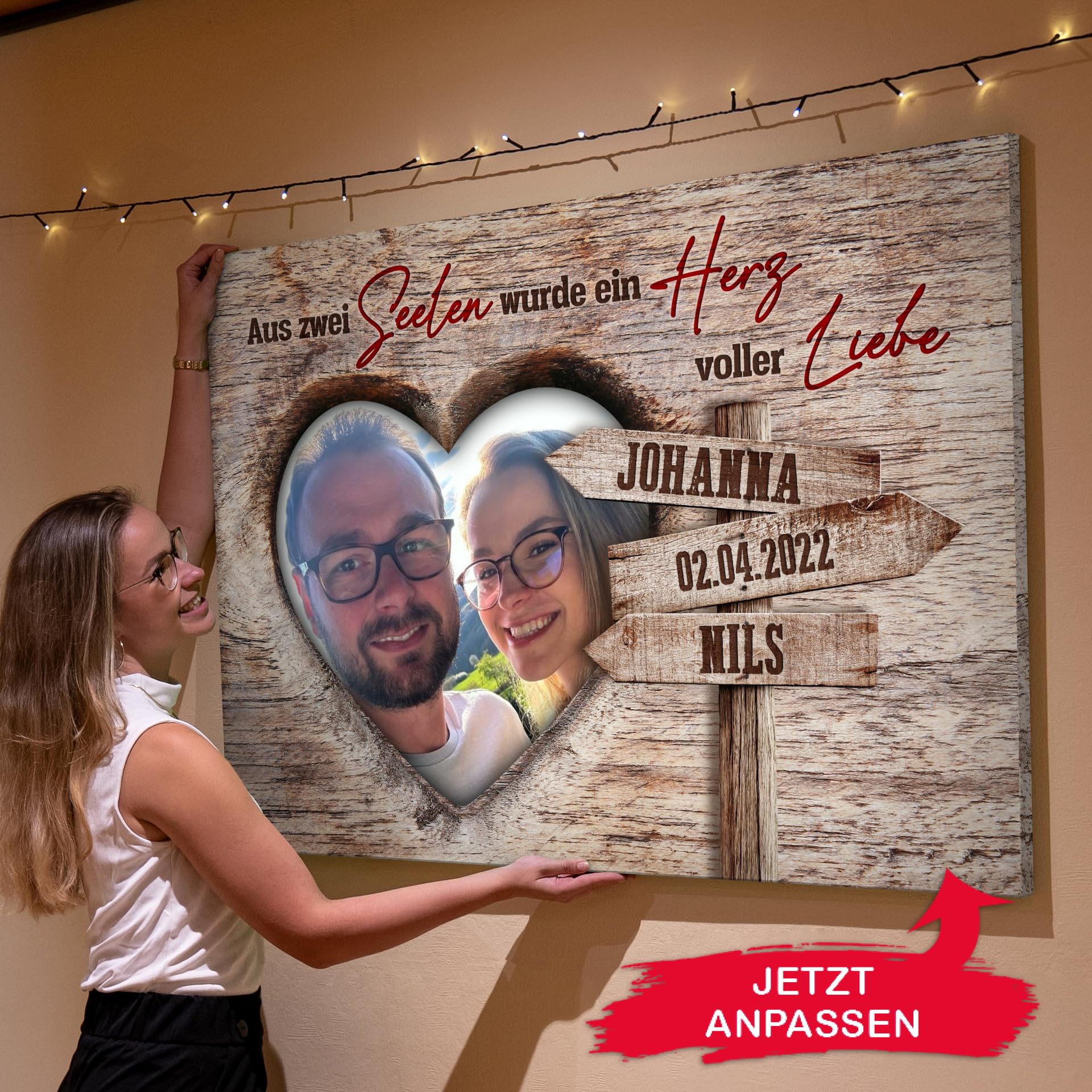 Liebesleinwand Leinwand mit Foto personalisiert | Geschenk für sie oder ihn zum Jahrestag, Verlobung, Hochzeitstag | Leinwandbild gestalten mit Namen und Datum | Romantische Gedanken