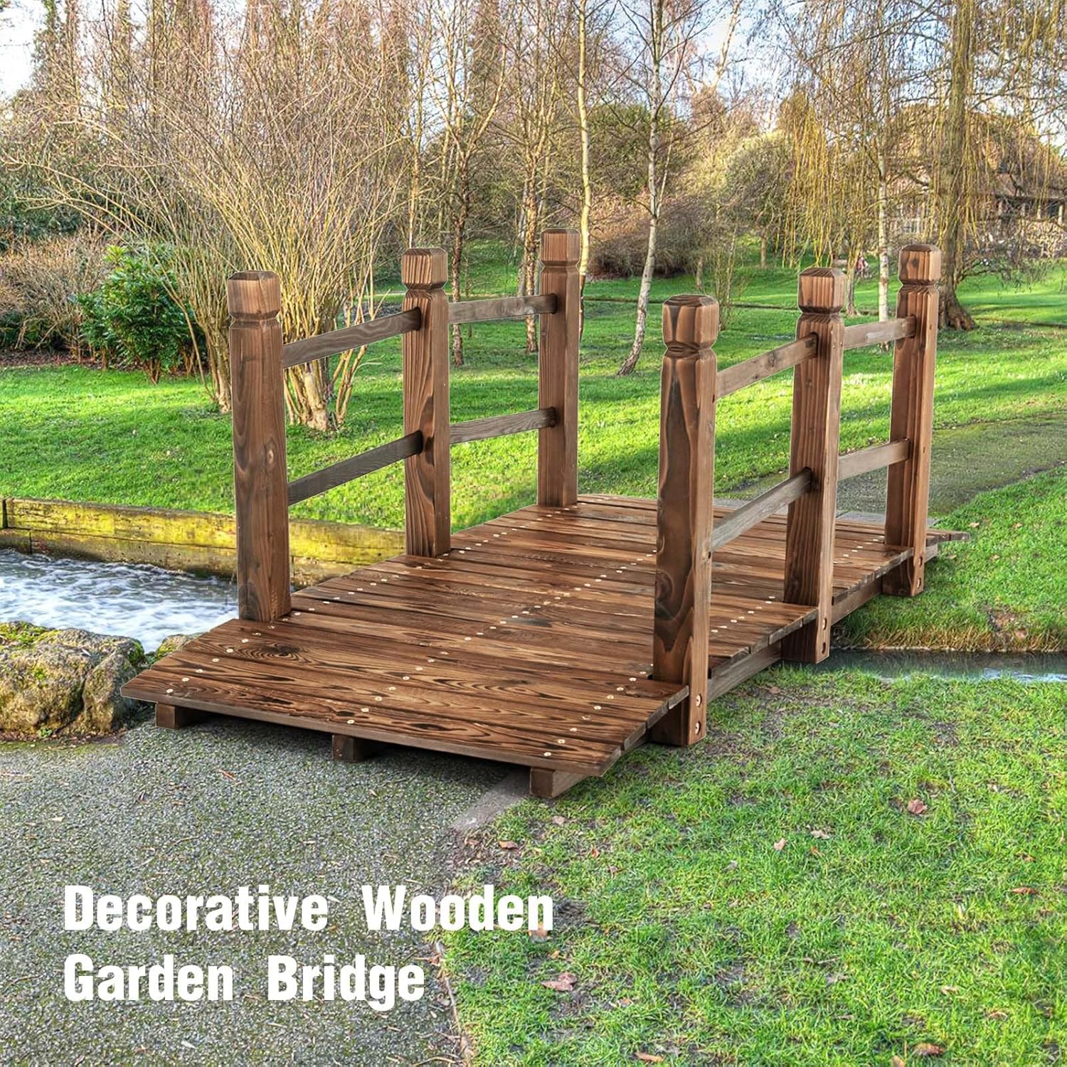 TANGZON 1.5M Wooden Garden Bridge, Decorative Arc Footbridge, Outdoor Walkway with Safety Railings for Pond, Backyard and Borders (Brown)
