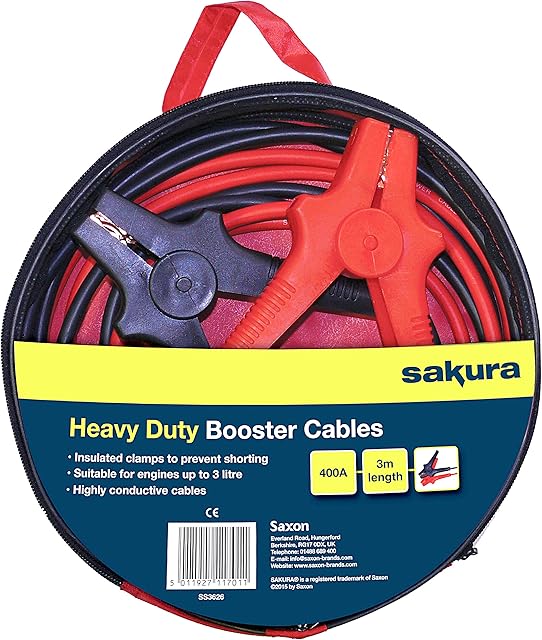 Sakura Heavy Duty Booster Cables Jump Start Leads SS3626 - 400 Amp 3 m Colour Coded Clamp - For Cars Vehicles Up To 3.0L/3,000CC - Flat Battery