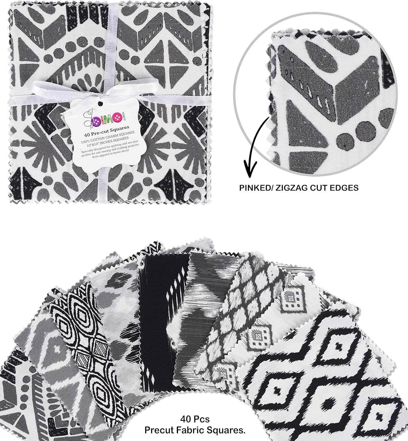 Soimoi Precut 10-inch Ikat Prints Cotton Fabric Bundle Quilting Squares Charm Pack DIY Patchwork Sewing Craft- White & Black