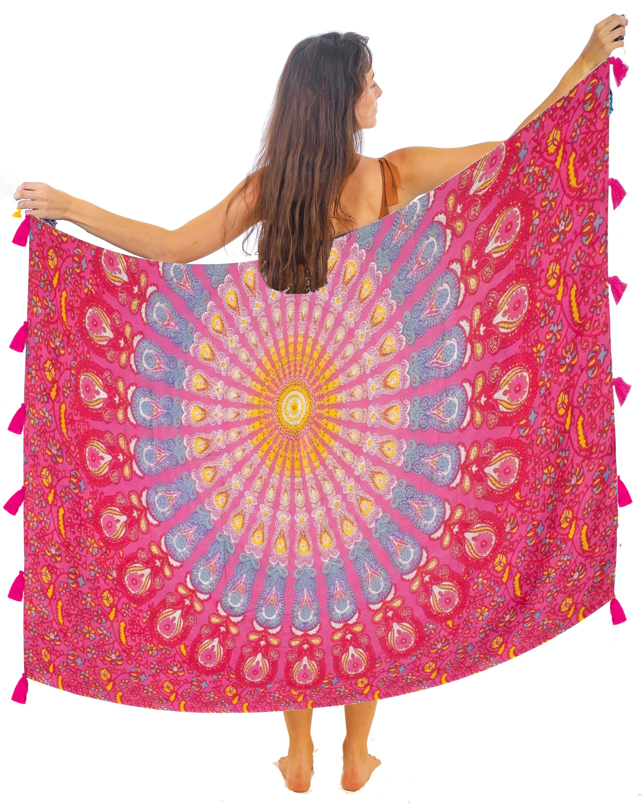 Boho Mandala Pareo Sarong Bikini Cover Up with Tassels – Super Soft Lightweight Cotton, Large Indian Peacock Print, Lotus Bloom Pink